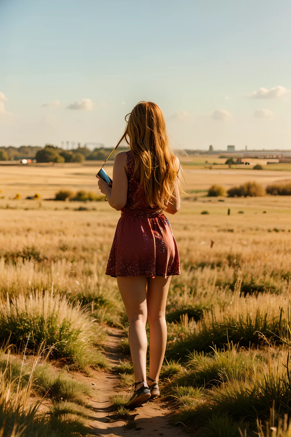 full body, portrait of cute blond girl, standing on a wheat field (((looking away))), bloom, orange fog, motion, wispy hair, realism, high-quality rendering, stunning art, high quality, film grain, Fujifilm XT3, dreamy, acne, freckled, blemish