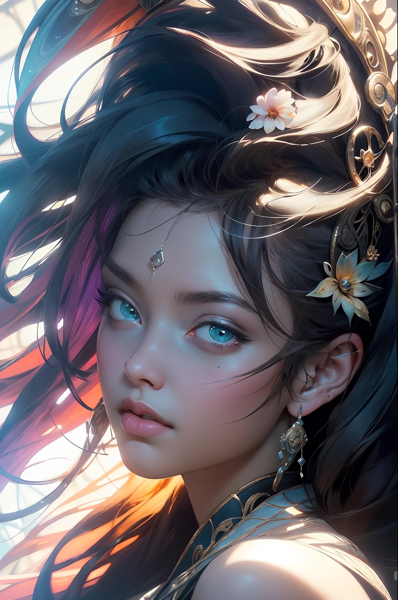 (((masterpiece))), (((best quality))), ((ultra-detailed)), (hyperrealistic), (highly detailed CG illustration), ((an extremely delicate and beautiful)),cinematic light, Create a stunning anime artwork that is currently trending on ArtStation, showcasing exquisite beauty and captivating aesthetics. The art piece should be highly detailed, featuring a compelling character and a visually appealing environment. The character in the artwork is a graceful and enchanting figure, radiating an aura of elegance. Pay close attention to intricate facial features, such as mesmerizing eyes with vibrant colors and delicate shading. The character's clothing should be designed with elaborate patterns, flowing fabrics, and rich textures, reflecting a blend of fantasy and contemporary fashion. Place the character in a captivating environment that enhances the overall appeal of the artwork. It could be a breathtaking natural landscape, a bustling futuristic cityscape, or a mystical realm filled with magical elements. Incorporate vibrant colors, dynamic lighting, and detailed background elements to create a sense of depth and immersion. Consider the latest trends in anime art, such as incorporating unique lighting effects, exploring creative composition techniques, or experimenting with unconventional color palettes. Take inspiration from the top artists on ArtStation and their exceptional execution of various art styles and themes. Camera: Choose an angle that highlights the character's beauty and the immersive environment. Lighting: Utilize atmospheric lighting techniques to create depth and mood. Resolution: Aim for a high-resolution artwork to showcase intricate details and clarity. Art Inspirations: Seek inspiration from the trending artists on ArtStation, exploring different styles, genres, and themes.