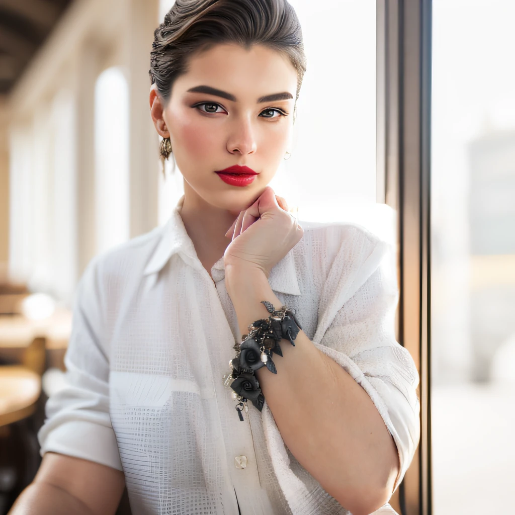 RAW, photo, dslr, masterpiece, portrait of a handsome woman in cafe, centered , cinematic, detailed face, detailed skin, skin pores, pink lipstick, beautiful eyes, beautiful chin, beautiful neck, beautiful shoulders, white textured shirt, very realistic, festival, vintage inspired, very dramatic,