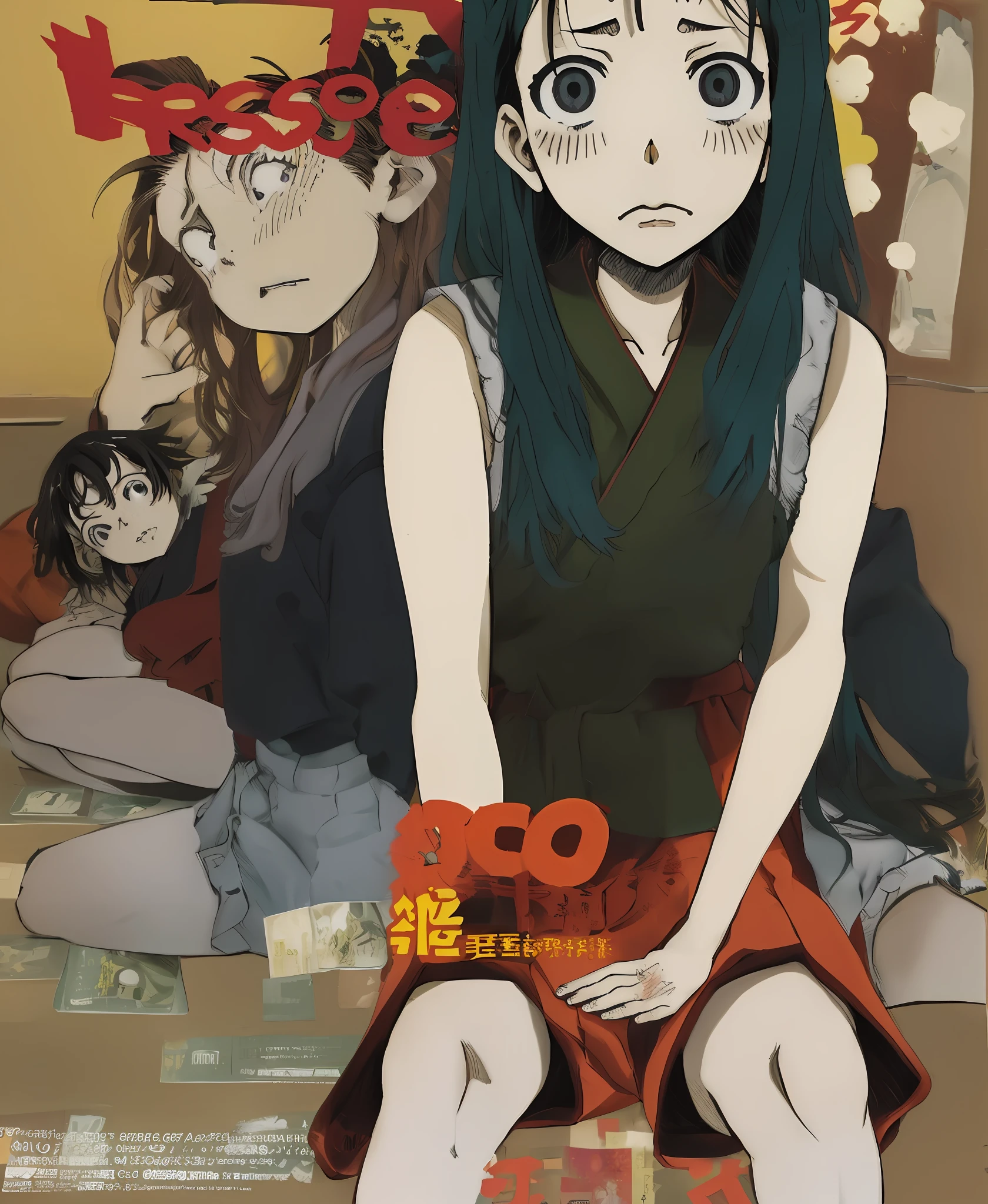 Uma garota triste (Asian girl, estilo anime 90 years, manga cover,inio asano,Garota adolescente,depression,garota coreana,cabelo curto,sombrio, trans,cover manga)