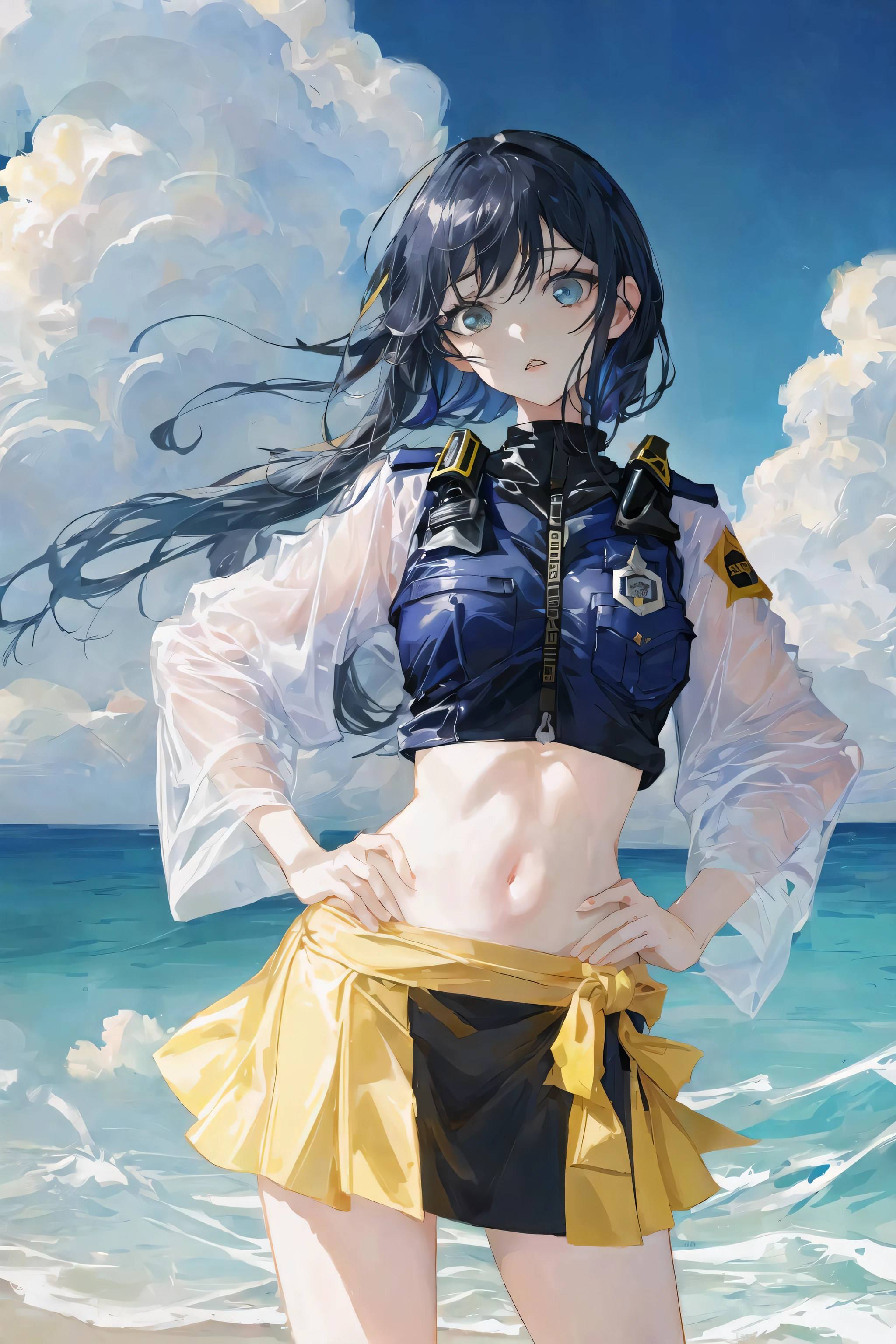 art by Cornflower, dreamy, (A beautiful, teenaged, anime-style girl with blue eyes and long, black hair, wearing a pale yellow, shiny, long-sleeved, open-chest, long skirt swimming suit with a pink, white, and yellow, heart on it is posing with her hands on her hips, in front of a beach and a bright, blue sky with clouds in it, there are palm trees in the background on both sides of the picture, and there are lots of blue and yellow fish swimming in the ocean, and there is a police helicopter with lights on it flying over the girl)