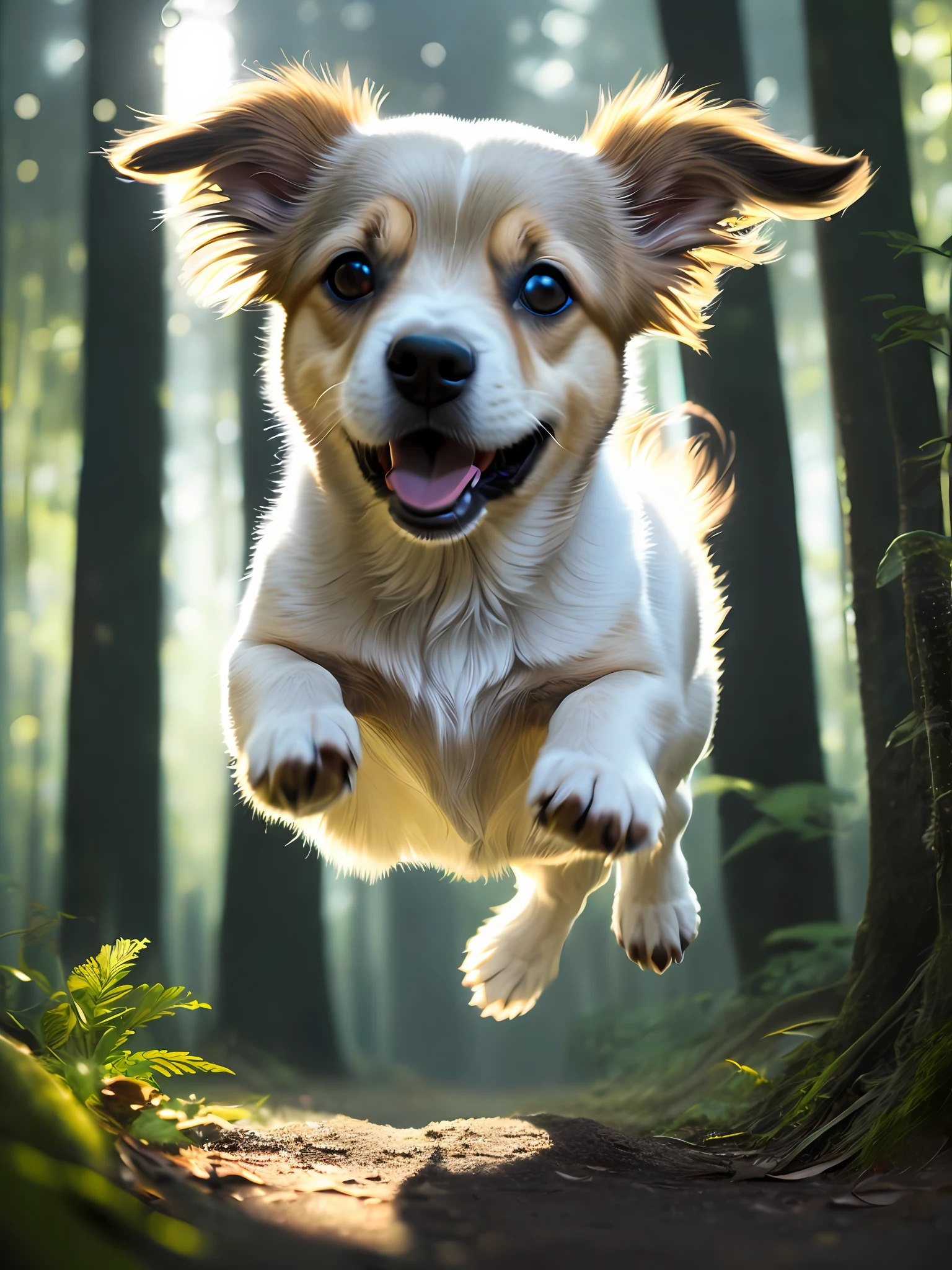 Close-up of a very cute jumping puppy in the forest, soft volumetric light, (backlight: 1.3), (movie: 1.2), intricate details, (ArtStation: 1.3) HD, 8K, ray tracing