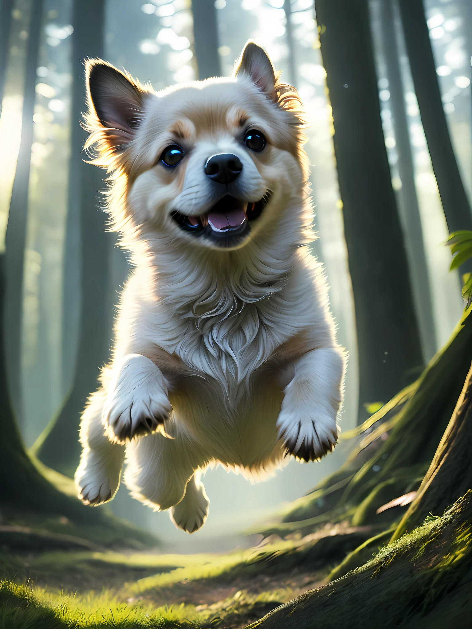 Close-up of a very cute jumping puppy in the forest, soft volumetric light, (backlight: 1.3), (movie: 1.2), intricate details, (ArtStation: 1.3) HD, 8K, ray tracing