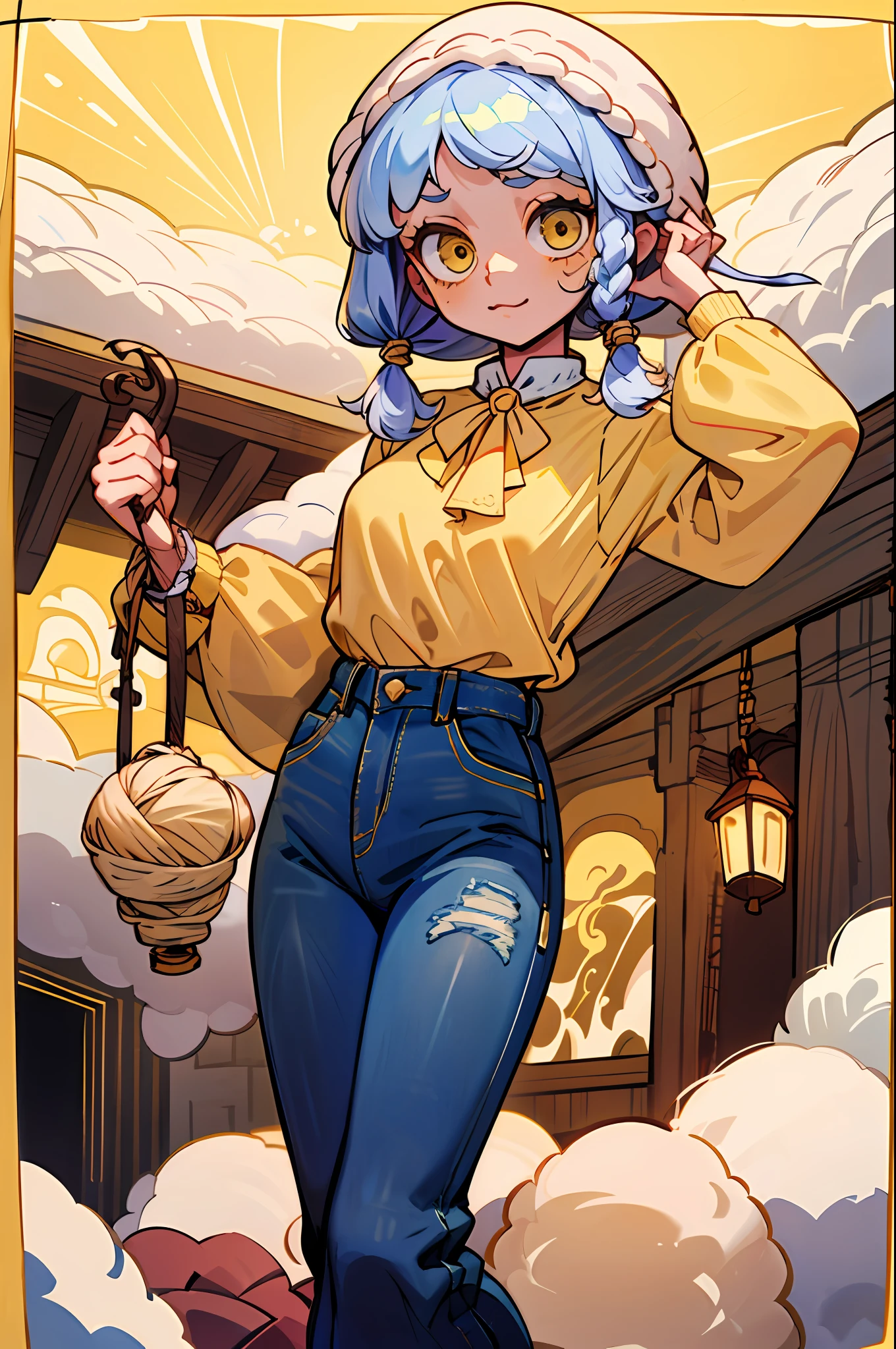 Garota ovelha loli ,((cabelo cacheado amarelo):1.3),((olhos vermelhos):1.2),(wearing a wool blouse:1.6), denim pants, bota preta, pose sexy, she is in the(Sala de estar) rustic house
