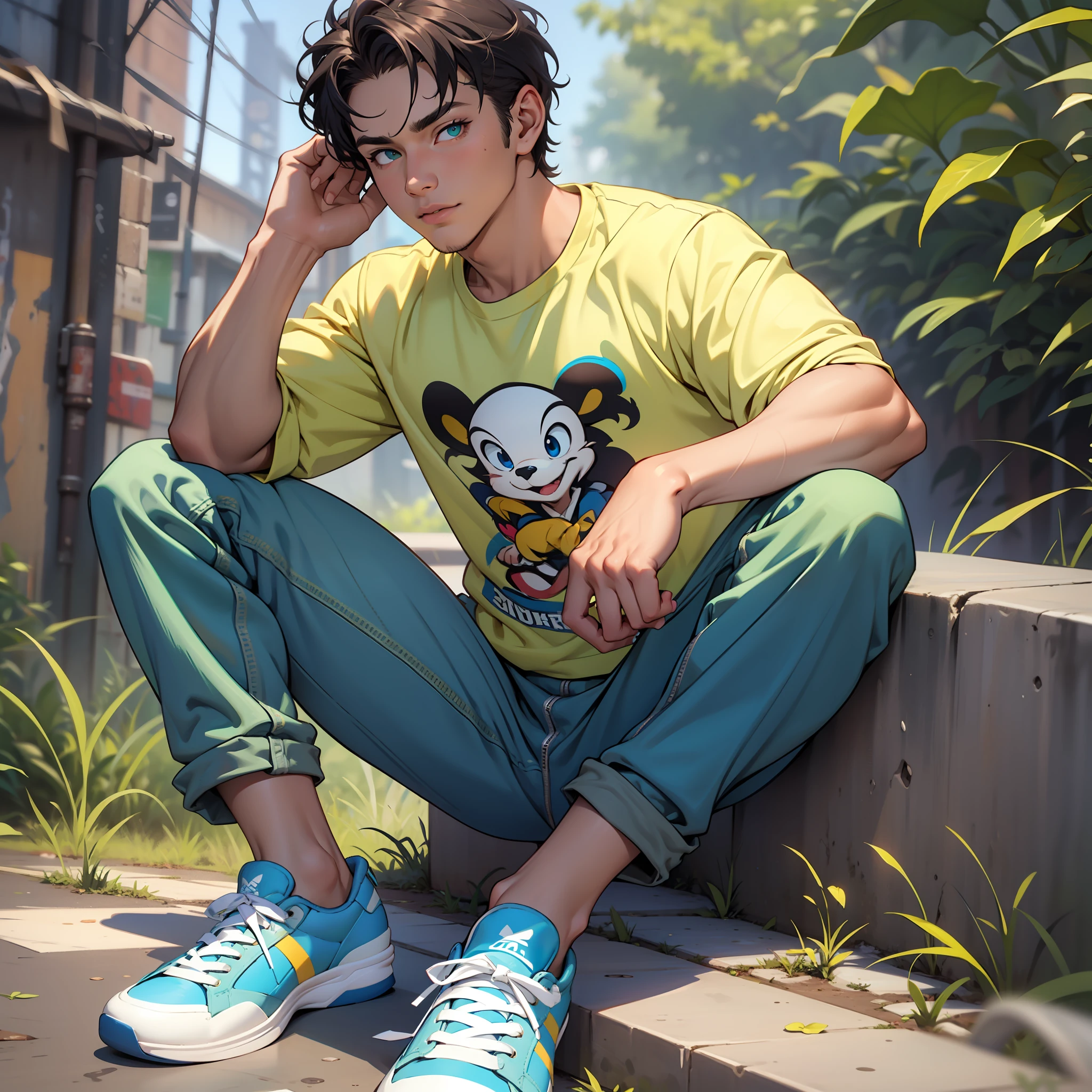 Um menino, sexo masculino, 13 anos de idade, cor morena, cabelo encaracolado, olhos castanhos, green jeans, camisa azul, blue sneakers, estilo Disney