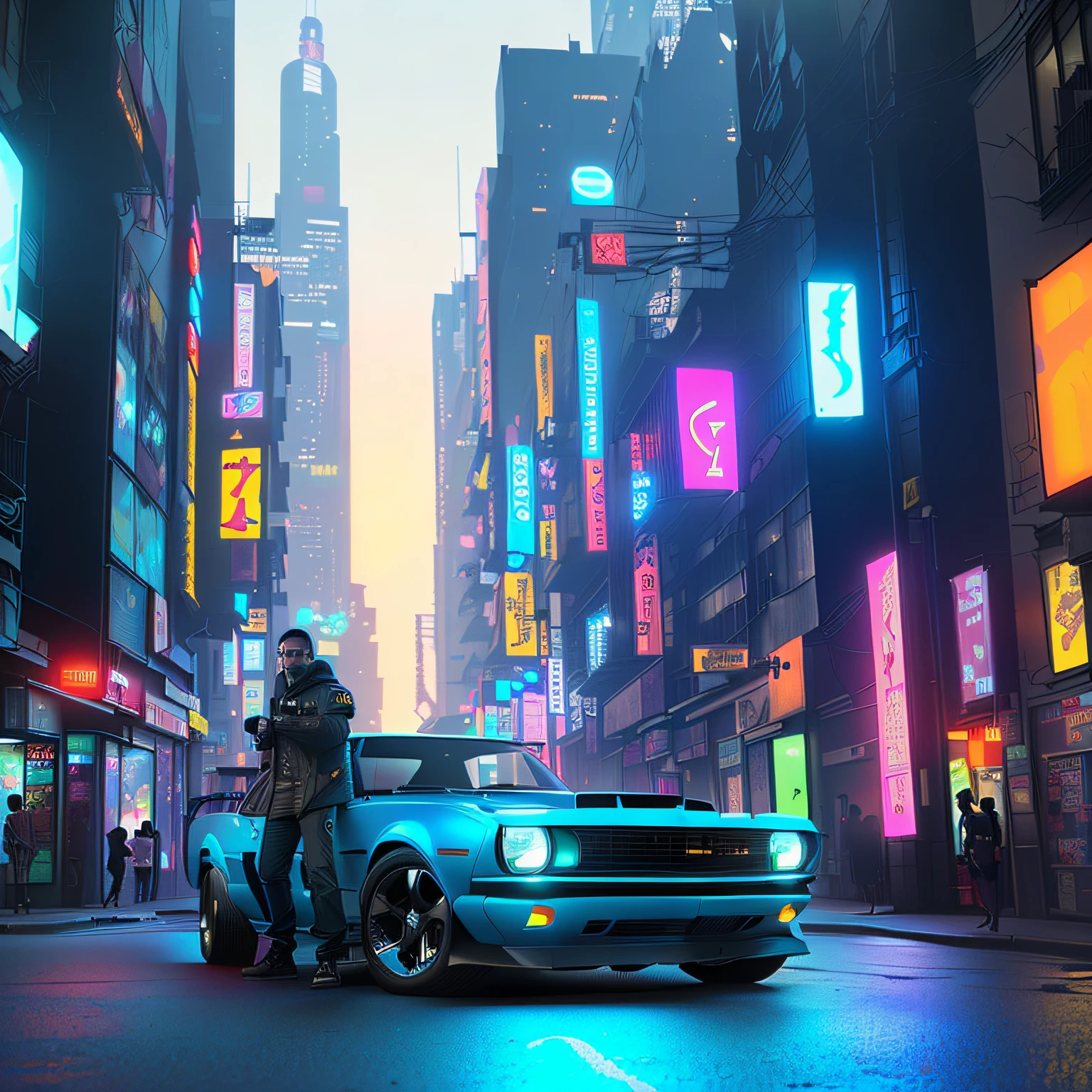 there is a man standing next to a blue car in a city, em cyberpunk city, Dan Mumford. 8 k octane render, cyberpunk art ultrarealistic 8k, 3 d render beeple, Dan Mumford. octane render, cinematic beeple, em estilo de bipe, em uma cidade cyberpunk futurista, cinematic neon matte painting