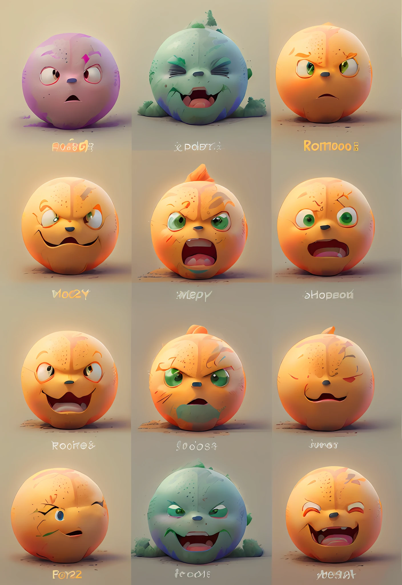 a close up of a bunch of different colored balls with faces, various emotions, expressions, micro expressions, neutral expressions, face variations, facial expressions, punchable expression, 3d characters, digital art emoji collection, detailed facial expressions, different expression, happy expressions, corrected faces, colorful character faces, style of cute pokemon, orange head, adorable digital painting, angry facial expressions