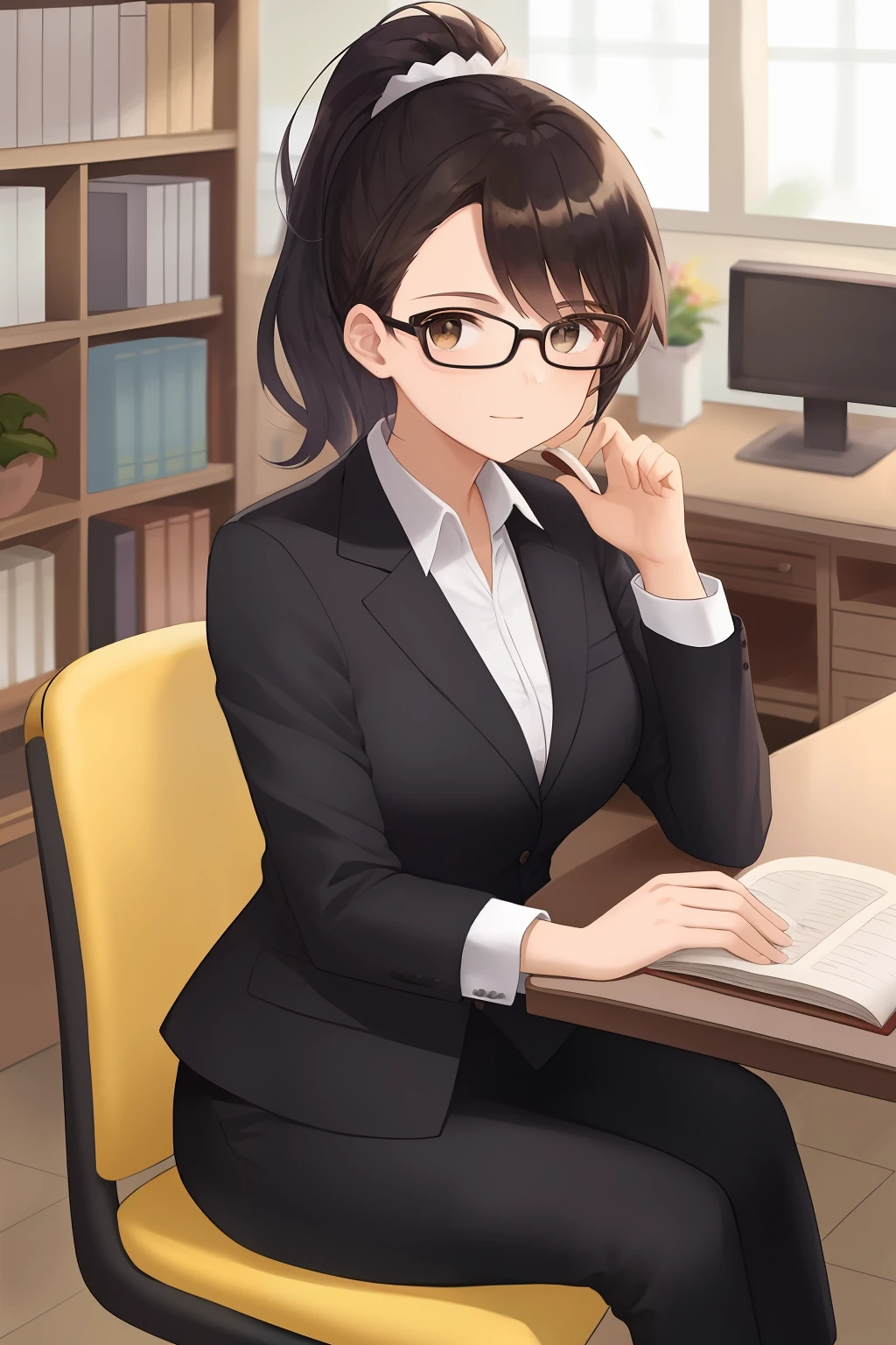 Obra prima. Desenho animado ocidental. De frente para o espectador, Elegant businesswoman, wearing modern glasses, Beautiful and confident sitting behind the desk in her nutrition office. cinematic lightining.
On the Table of the Great Office, um computador, Agenda and vase of flowers orchids + detalhes.
Ela usa uma camisa branca com um blazer, olhos castanhos escuros + detalhe, seu cabelo preto + Details is stylized ponytail. His expression is focused and determined, com uma pitada de sorriso. Ao fundo, uma grande janela oferece uma vista deslumbrante de um lindo jardim. 40 anos, cabelo preto, olhos castanhos. Platereira de livros no consultorio.