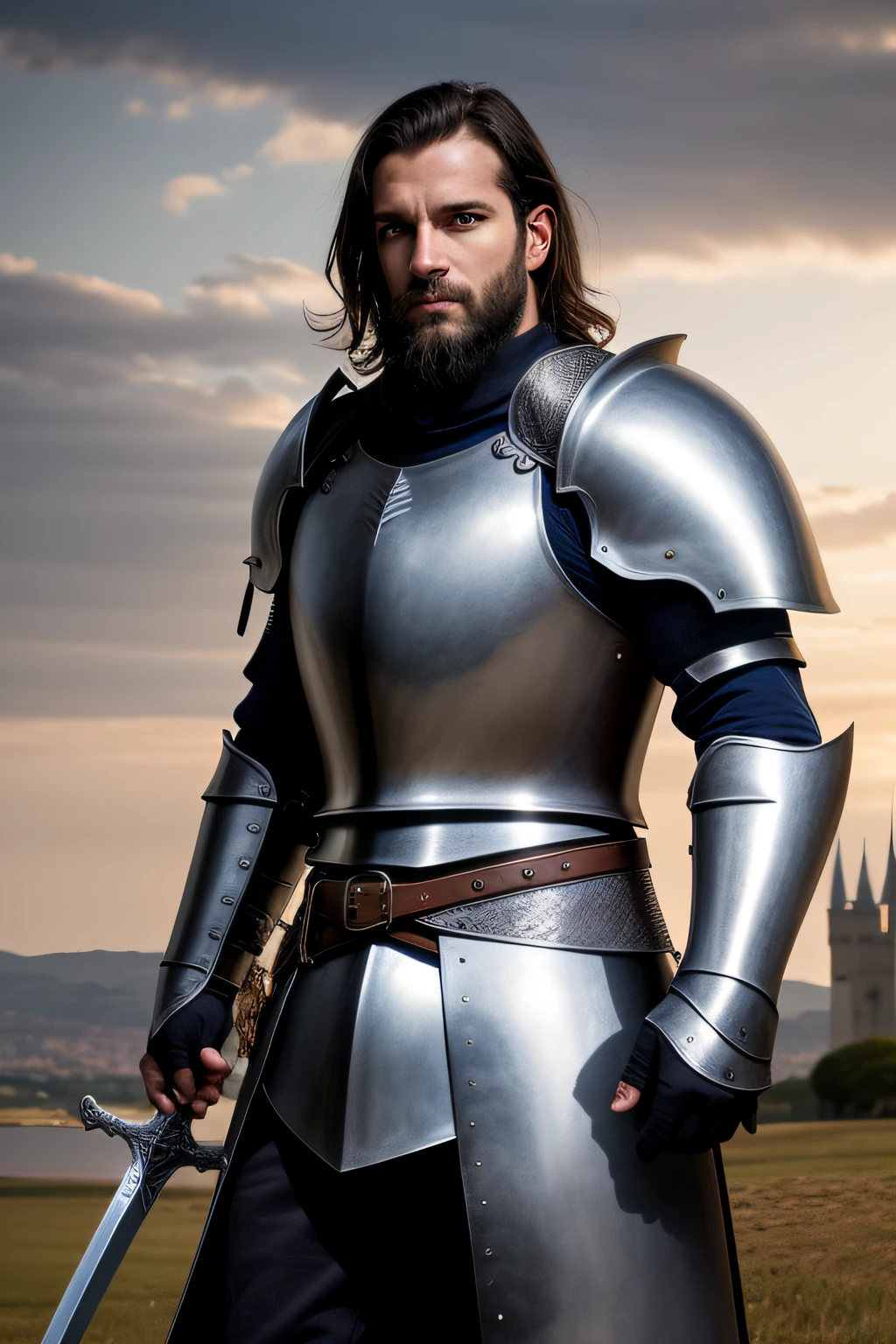Homem alto middle-old, cabelo e barbas grisalhas, in armour with sword standing in front of a castle, cavaleiro medieval masculino robusto, macho atraente com armadura, usando armadura de cavaleiro, com capa branca cobrindo lado esquerdo do modelo, atraente macho de carne com armadura, usando armadura de metal completa, vestidos com armadura, full portrait of magical knight, cavaleiro em armadura, armadura medieval, armadura medieval do poder do cavaleiro, vestindo armadura de cavaleiro
