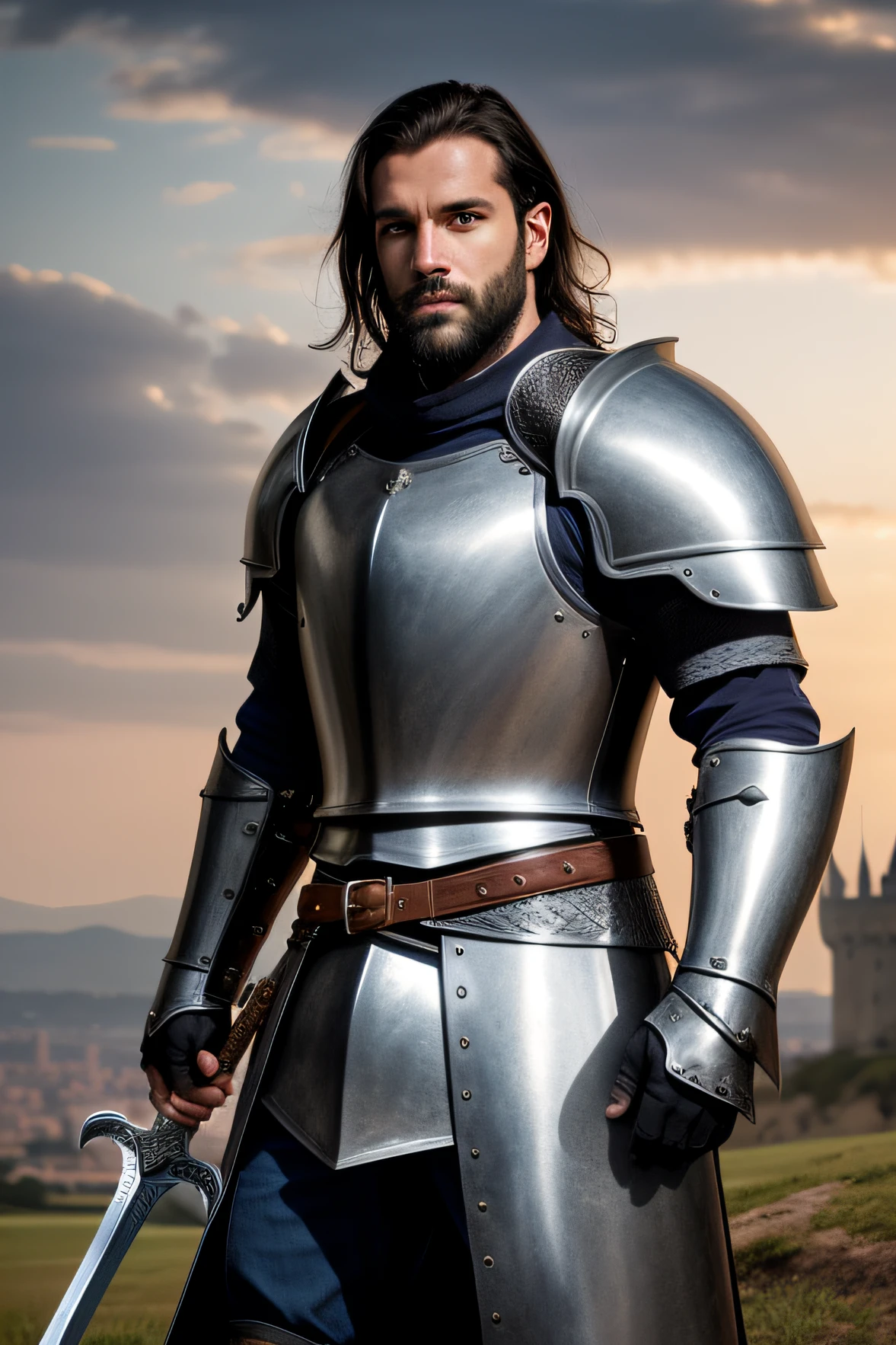 Homem alto middle-old, cabelo e barbas grisalhas, in armour with sword standing in front of a castle, cavaleiro medieval masculino robusto, macho atraente com armadura, usando armadura de cavaleiro, com capa branca cobrindo lado esquerdo do modelo, atraente macho de carne com armadura, usando armadura de metal completa, vestidos com armadura, full portrait of magical knight, cavaleiro em armadura, armadura medieval, armadura medieval do poder do cavaleiro, vestindo armadura de cavaleiro