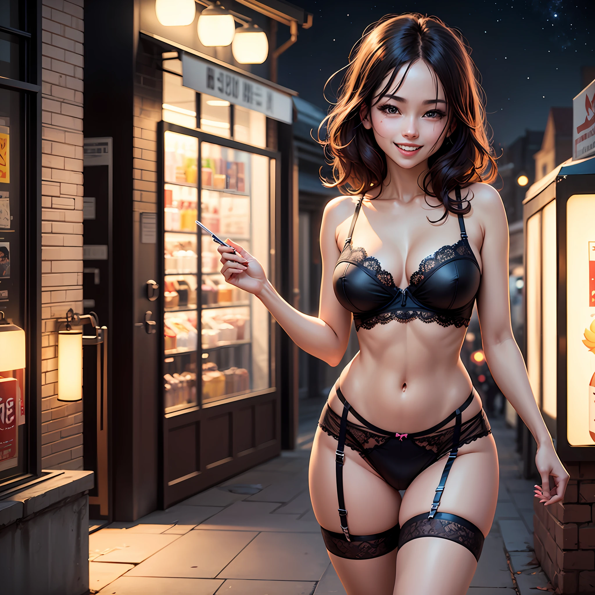 Anime style futanari girl, black lingerie with a garter belt , maniac wide smile parted lips, realistic, high definition high quality raytracing, night time, street --auto