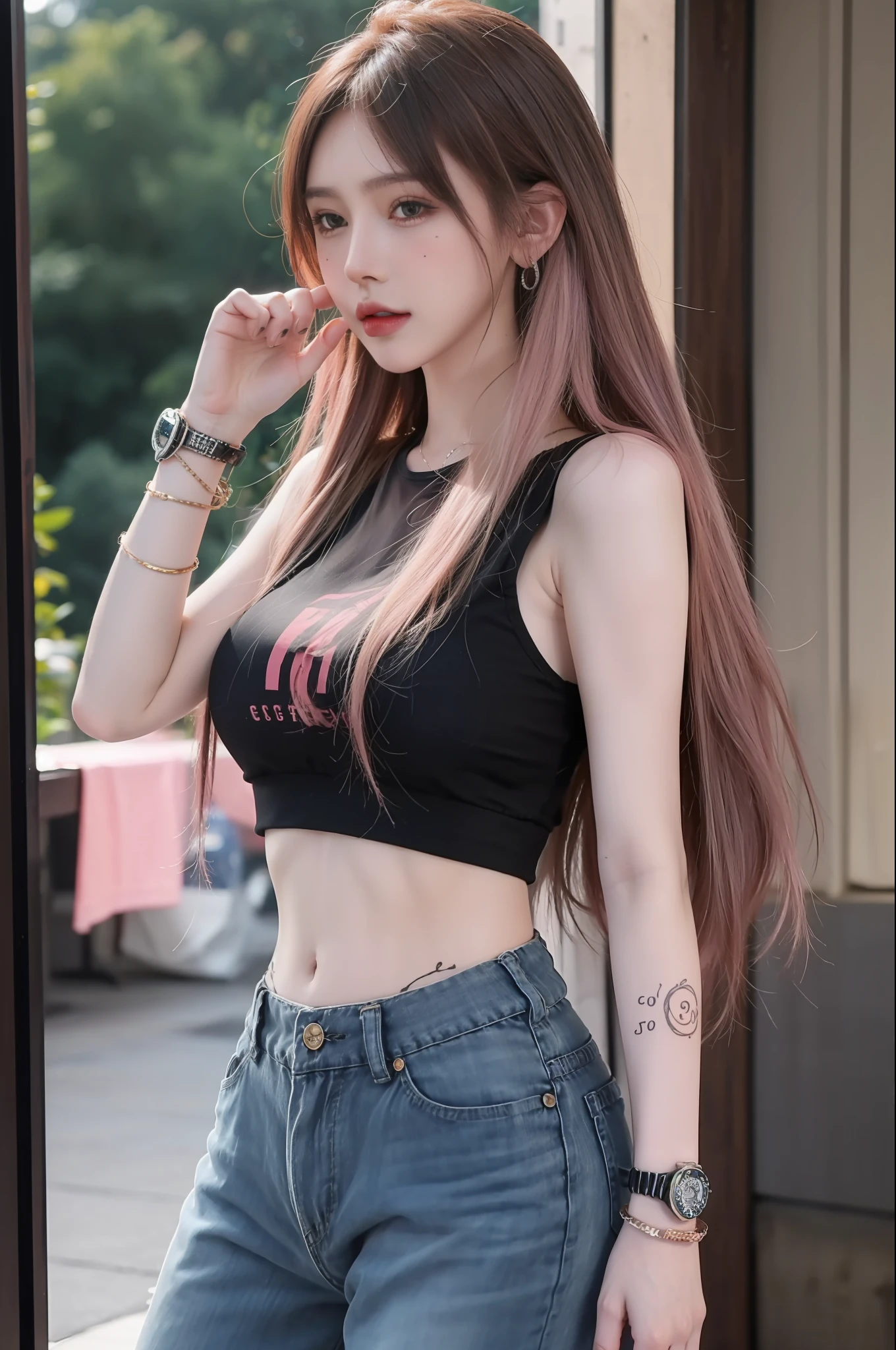 ((MASTERPIECE，), (best quarity), super high res, (Raw photo:1.2), (photorealistic:1.4), Exceptional detail, dramatic illumination, Highresolution,   8k, absurds, solo, 
CNGirl_2, 1girl, black vest, black crop top, ((Pink Hair)), long hair,  Bar、, alcohol,
jewelry, jeans, Lwatch（Woky）, niuzai, wristwatch, EARRINGS, pants, midriff, brown  hair, Look Viewer, crop top, indoors,  bracelet, sleeveless, plant, bare shoulders, From Side, Arm Tattoo,