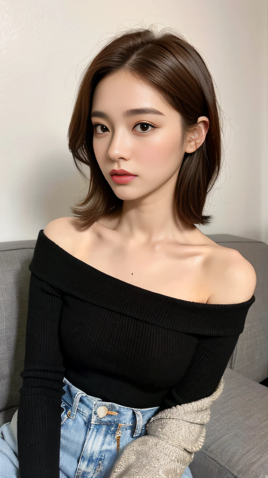 ((Night view, realistic light, best quality, 8k, masterpiece: 1.3)), 1girl, pretty woman with slim figure: 1.4, (brown hair, medium breasts: 1.3), off-the-shoulder cut top: 1.3, sofa, super detailed face, detailed eyes, double eyelids