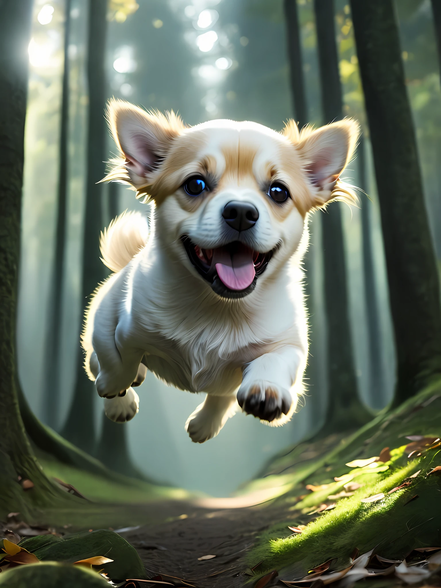 Close-up of a very cute jumping puppy in the forest, soft volumetric light, (backlight: 1.3), (movie: 1.2), intricate details, (ArtStation: 1.3) HD, 8K, ray tracing