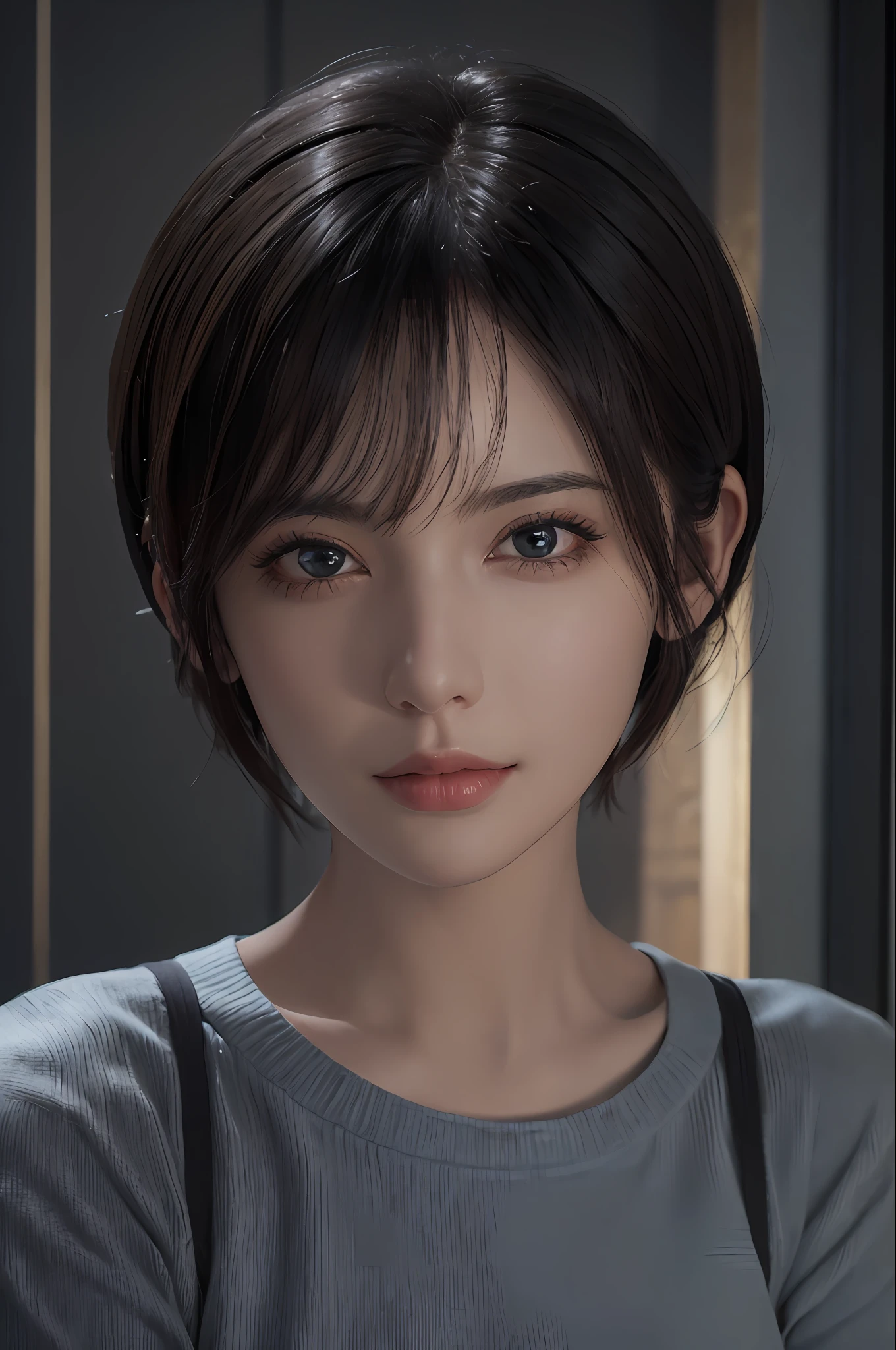 (masterpiece:1.3), (8k, photorealistic, RAW photo, best quality: 1.4), (1girl), beautiful face, (realistic face), (black hair, short hair:1.3), beautiful hairstyle, realistic eyes, beautiful detailed eyes, (realistic skin), beautiful skin, (sweater), absurdres, attractive, ultra high res, ultra realistic, highly detailed, golden ratio