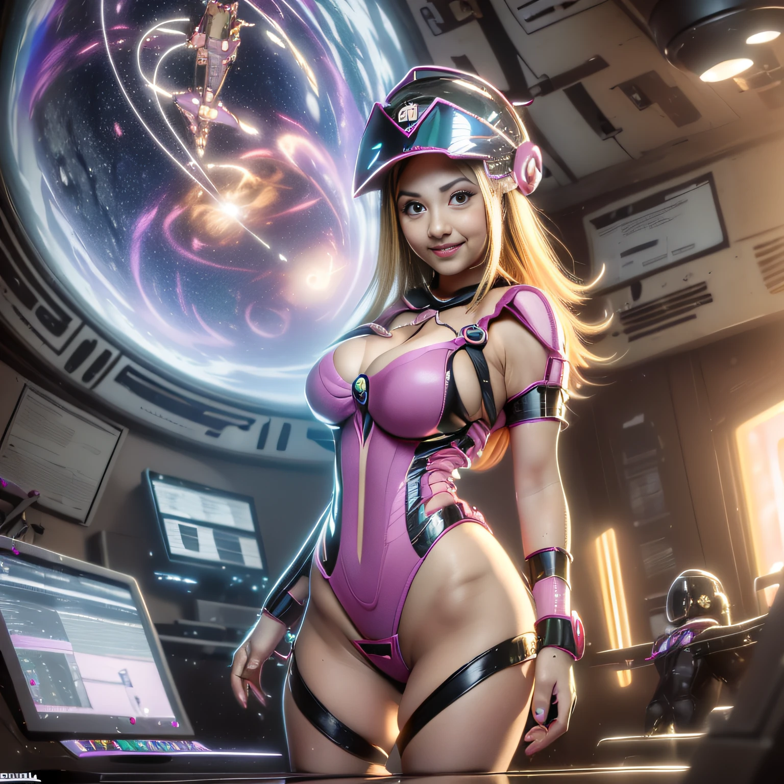 ((corpo inteiro):2) {((Sozinha/Uma mulher/standing straight):1.5)}:{Princesa Zelda} ((vestindo traje de astronauta da NASA, with helmet on the head with transparent glass):1.2), ((olhos azuis cintilantes, cabelo curto rosa)1.2), ((olhando para o espectador com olhar de amor, sorrir):1.3), ((Pose extrovertida):1.3), Ela's in a futuristic chamber. foco amplo, 22x,