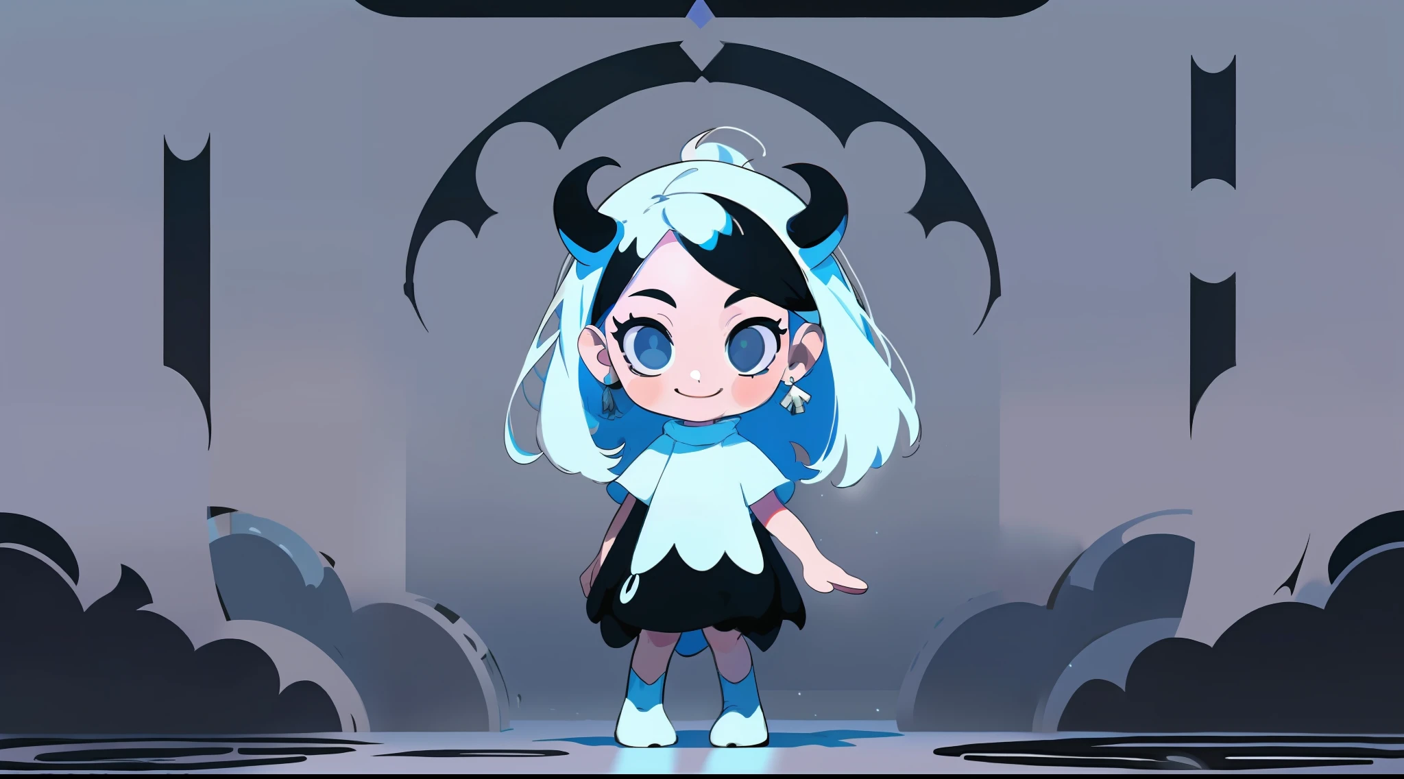 A happy fashion girl, gentle eyes, white shawl hair, black eyes, demon headband, white t-shirt, flat perspective, simple light, full body, standing, clean, vector art, character sheet, character design, concept art, cartoon, chibi, (masterpiece: 1.2), (best quality: 1.3), (minimalism))