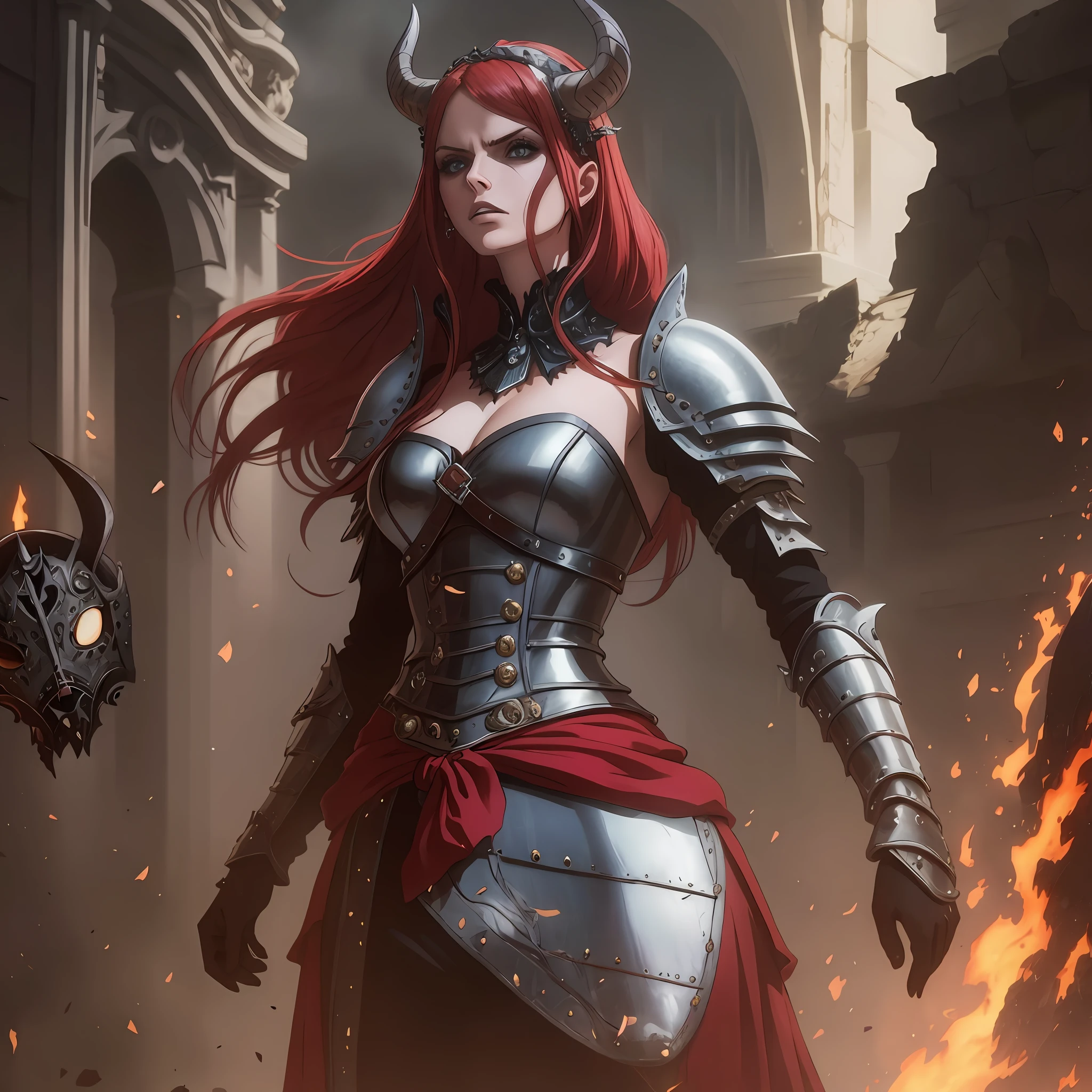 Bela Elisabeth bathori com armadura e chifres de demonio com cabelo ((vermelho))