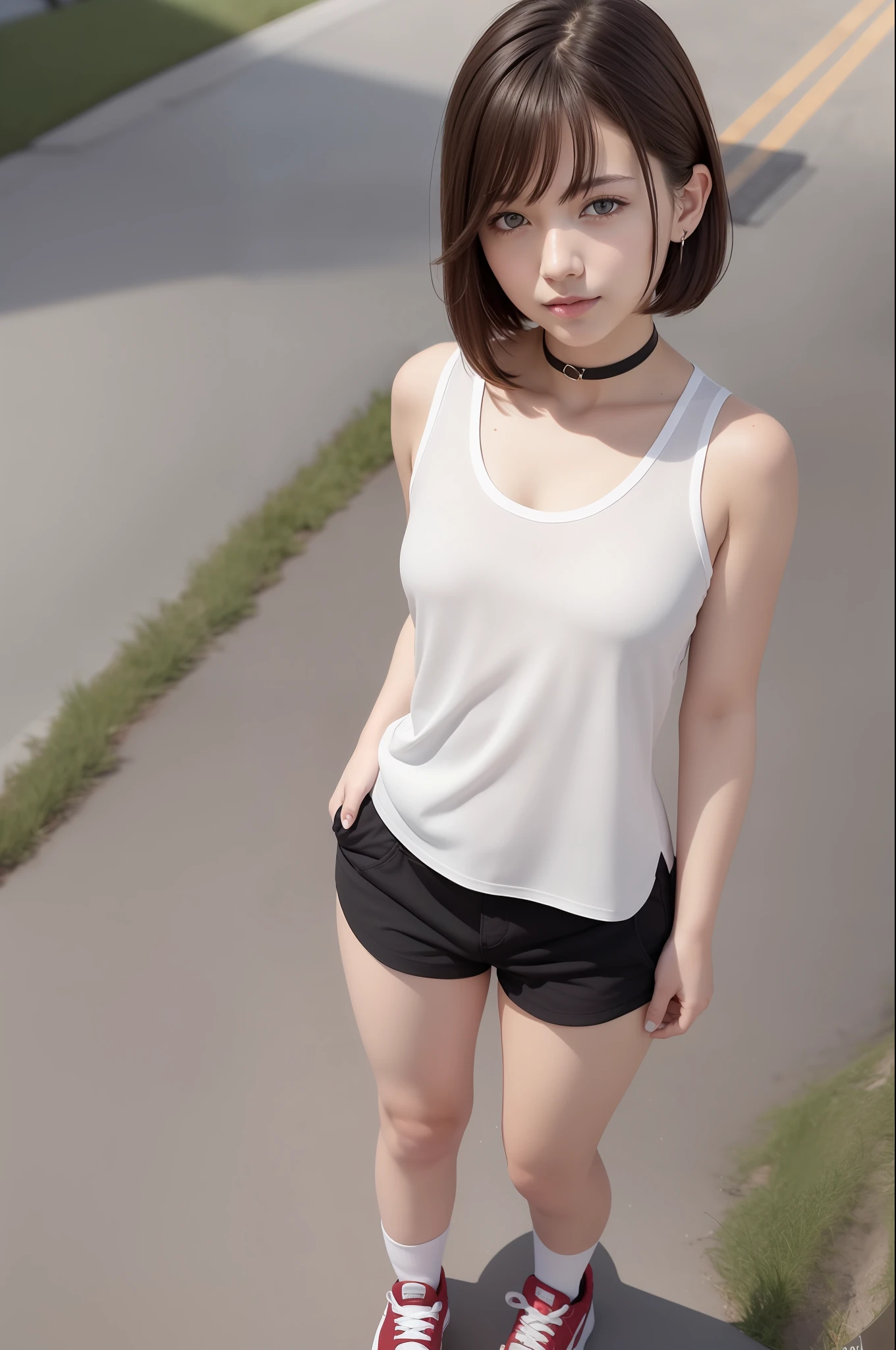 (RAW photo:1.2),(photorealistic:1.4),(masterpiece:1.3),(best quality:1.4),ultra high res,
HDR,8k resolution,
dreamlike,
check commentary,commentary request,scenery,((no text)),
solo focus, (full body),
(detailed eyes),(detailed facial features), (detailed clothes features),
skin tight, (shiny skin),(slender girl),(slim girl),
(1girl,solo),VirtualGirl-Rin, happy, smile, (small breasts), bangs, bob hair, short hair, brown hair, brown eyes, black choker,
university student, schoolgirl, white high school sportswear,red sports shorts,sneakers,