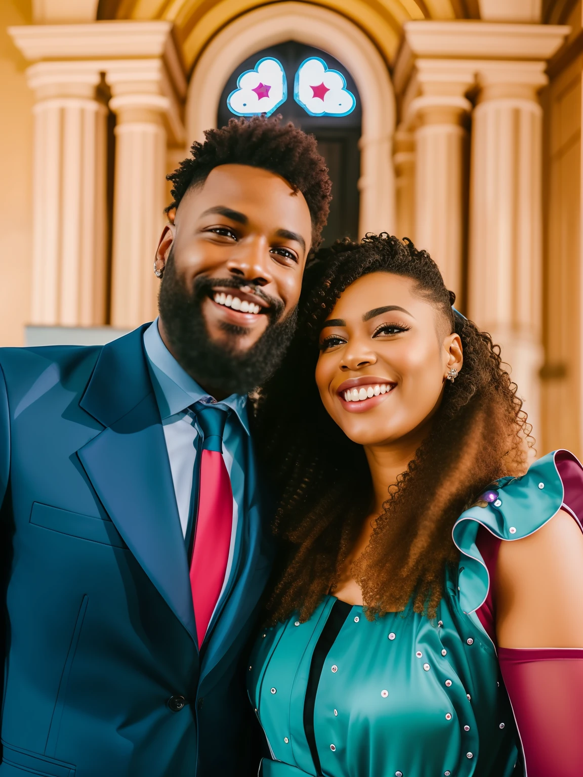 There is a man and a woman with black skin posing for a photo in a church, a mulher possui pele morena escura cabelos cacheados e com reflexos  vermelho, o homem possui pele negra e barba grande com cabelo crespo, ambos com 25 anos, com gravata verde tifany, a mesma cor que o vestido da mulher, cabelo afro, crie um fundo de uma catedral bem iluminada, olhos bem definidos e sorriso lindo, imagem de perfil, imagem de perfil, , detalhado!, Casal encantador, Casal feliz, , album photo, Raise a child between the couple with the woman's eyes curly hair and black skin