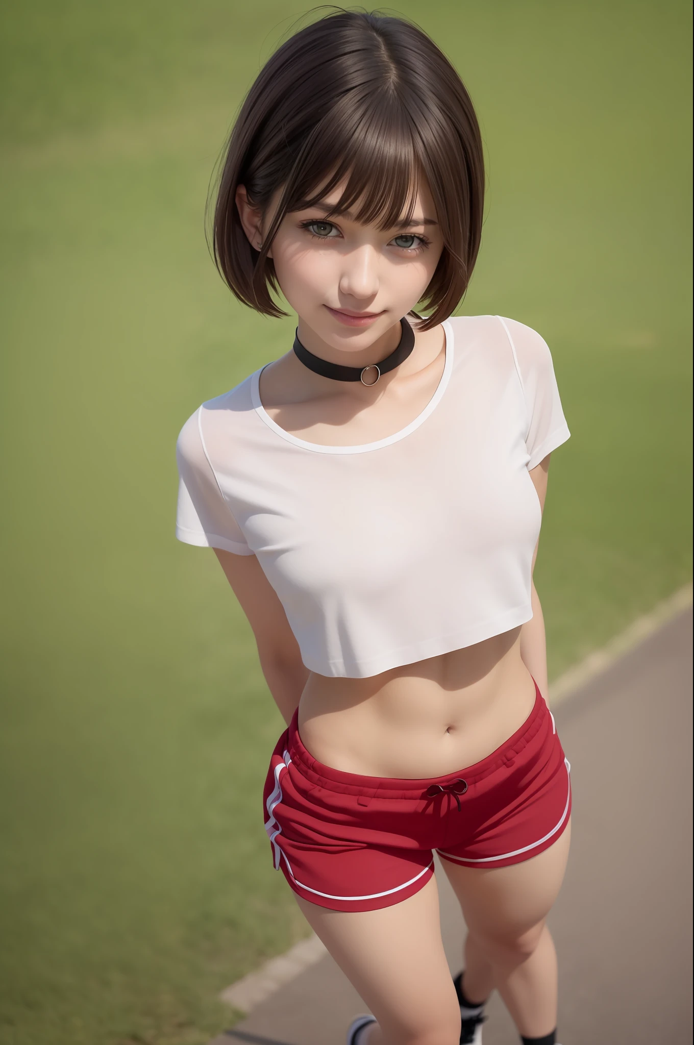 (RAW photo:1.2),(photorealistic:1.4),(masterpiece:1.3),(best quality:1.4),ultra high res,
HDR,8k resolution, 
dreamlike,
check commentary,commentary request,scenery,((no text)),
solo focus, (full body),
(detailed eyes),(detailed facial features), (detailed clothes features),
skin tight, (shiny skin),(slender girl),(slim girl),
(1girl,solo),VirtualGirl-Rin, happy, smile, (small breasts), bangs, bob hair, short hair, brown hair, brown eyes, black choker,
university student, schoolgirl, white high school sportswear,red sports shorts,sneakers,