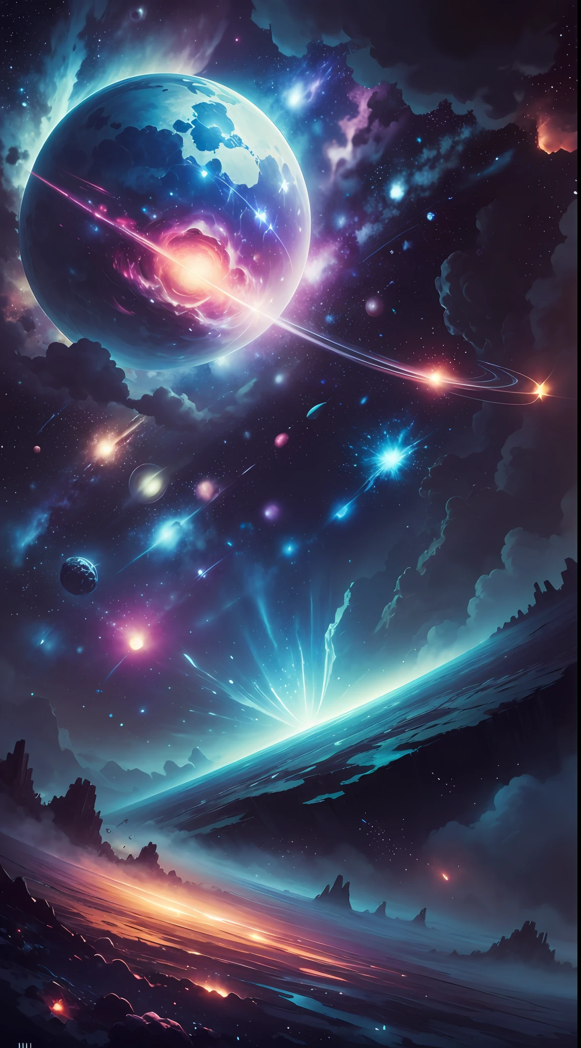 （Meisterwerk）），（（best quarity）），8k，space，outer space，meteors，Planetary blue and pink，Bright white star background，in the Style of Hayou Miyazaki,