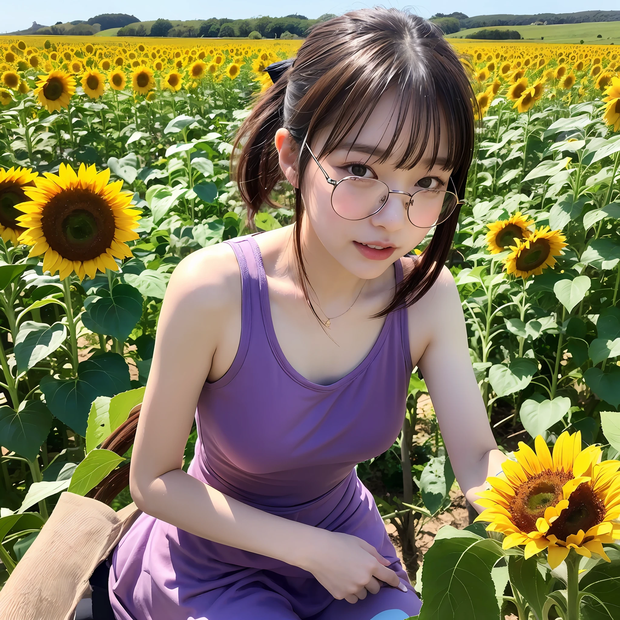 Japan persons、spectacled、1 8歳、female college student、Sleeveless dress((whit)、(Knee-length dress))
1人(akiko takase、Kazue Kato、、Aya Takano、etsuko miura、Zhenzi、tsugumi ohba、chiho、Rinko Kawaichi、Takeyuki Kanda)、

身長158cm、体重53kg、バスト83cm(d cup)、ウエスト61cm、ヒップ86cm、
Personality is naïve、
Shoulder-length dark hair((ponytails)、(Sweaty))、Bangs，、 Sweaty skin
solo 、all body 、Strong sunshine in summer、Sunflowers in full bloom