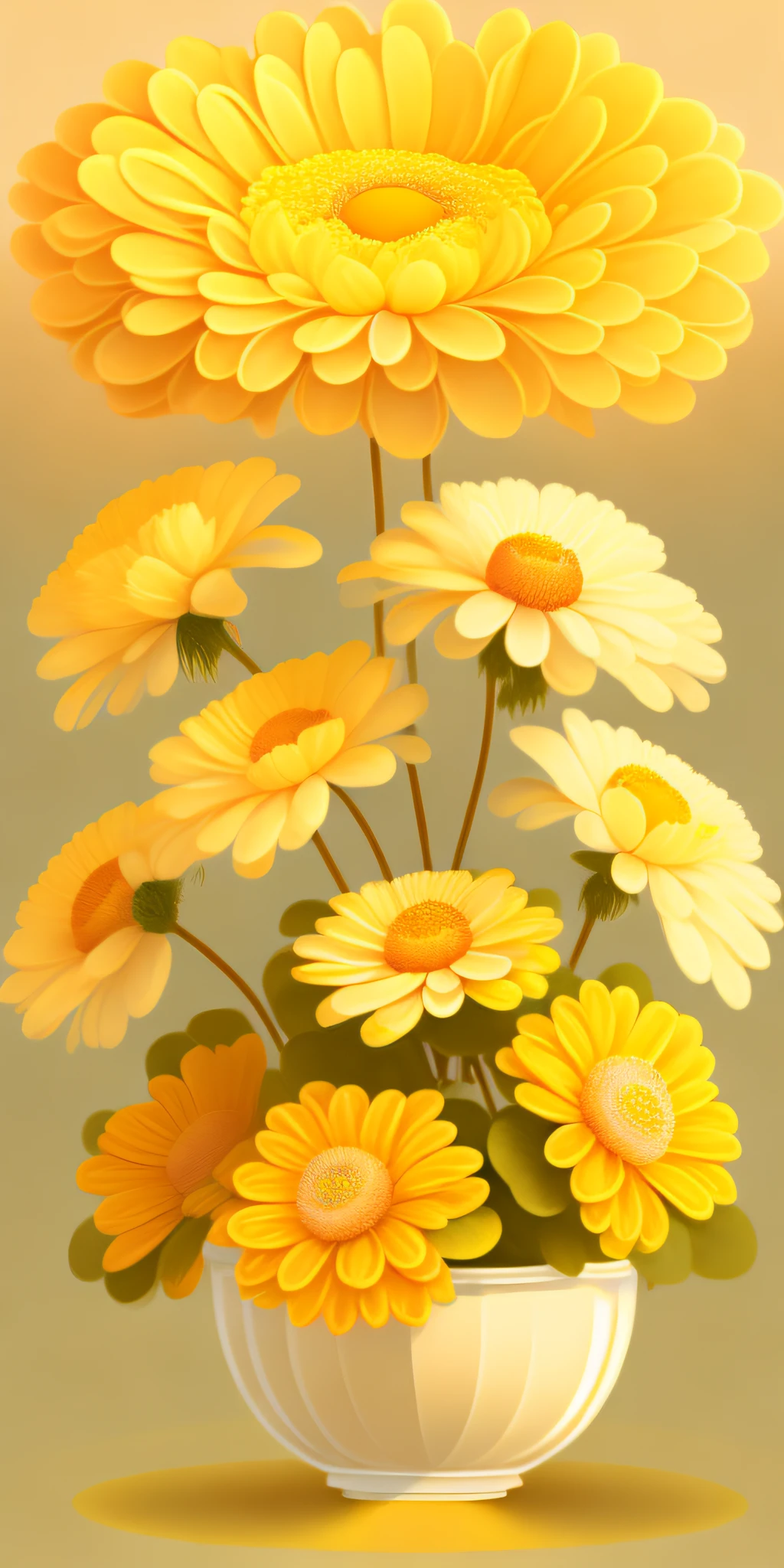 A pot of chrysanthemums，Chrysanthemums have yellow, white, orange，One of the largest yellow flowers is the tallest，In front of the chrysanthemum is placed a teacup，The sun rises from behind，rzminjourney，vector art