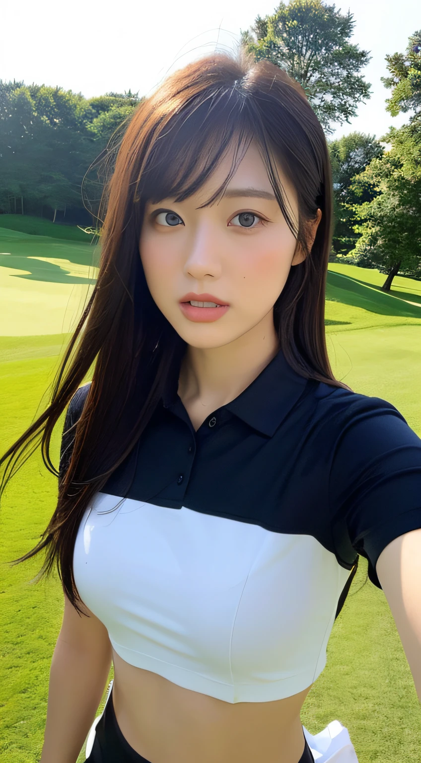 ((Top Quality, 8k, Masterpiece: 1.3)), Sharp Focus: 1.2, Perfect Body Beauty: 1.4, Slim Abs: 1.2, ((Dark Brown Hair, Big: 1.2)), (Natural Light, Sunny Golf Course: 1.1), Highly Detailed Face and Skin Texture, Detailed Eyes, Double Eyelids, ((Dynamic Angle)))), Stylish Golf Wear