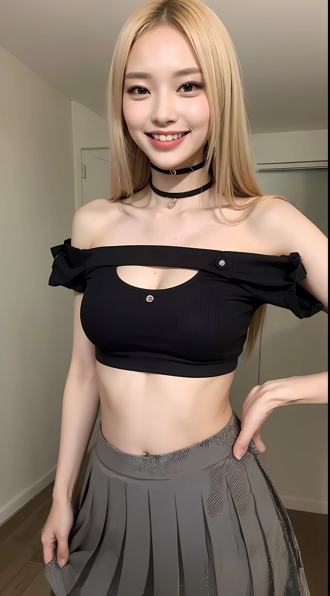((NIGHT、real light、sthe highest qualit、8k、))、女の子1人、Beautiful girl with slender body type:1.4、abdominals:1.1、(Blonde long straight hair、beautiful breasts，，，，:1.3)、PLEATED SKIRT:1.2、Off shoulder、White Studio、hyper detailed face、detailled eyes、Double eyelidd、navel baring、With bangs、Pin heels、Black choker、Navel piercing、smileing、whiteteeth、Constriction emphasis、