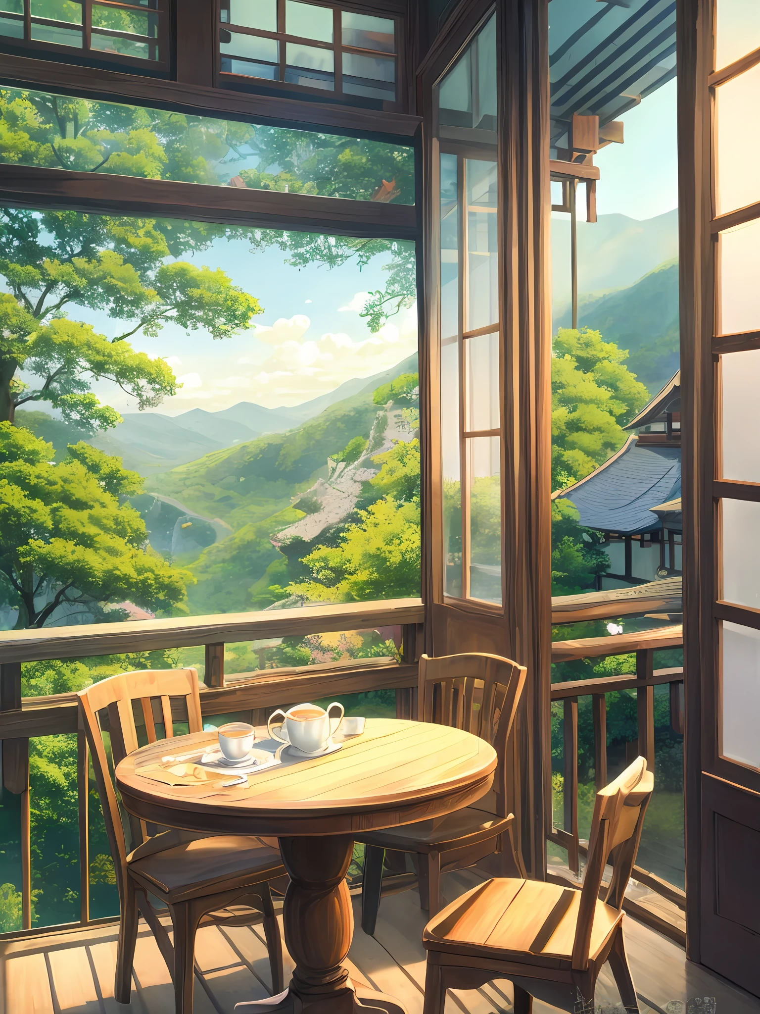 Tea House,There is a tea set on the tea table,Brewing tea,The scenery outside the window is beautiful,Uryu flowers
