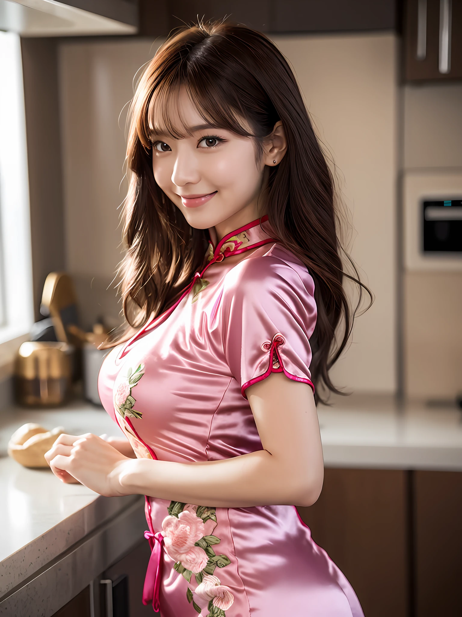 masterpiece, 1 woman per 1photo, upper body shot, directly front view, a Japanese young pretty woman, hyper pretty face, 18 years old, wearing a short sleeve silky satin pink cheongsam with floral embroideries, busty, sweaty body, glossy lips, big smile, glamorous figure, standing in a kitchen, double eyelids in both eyes, natural makeup, long eyelashes, shiny smooth light brown hair, asymmetrical bangs, tanned skin, head in the frame, central image, 8K resolution, high detail, detailed hairstyle, Detailed Face, spectacular cinematic lighting, octane rendering, vibrant, hyper realistic, perfect limbs, perfect ???????
