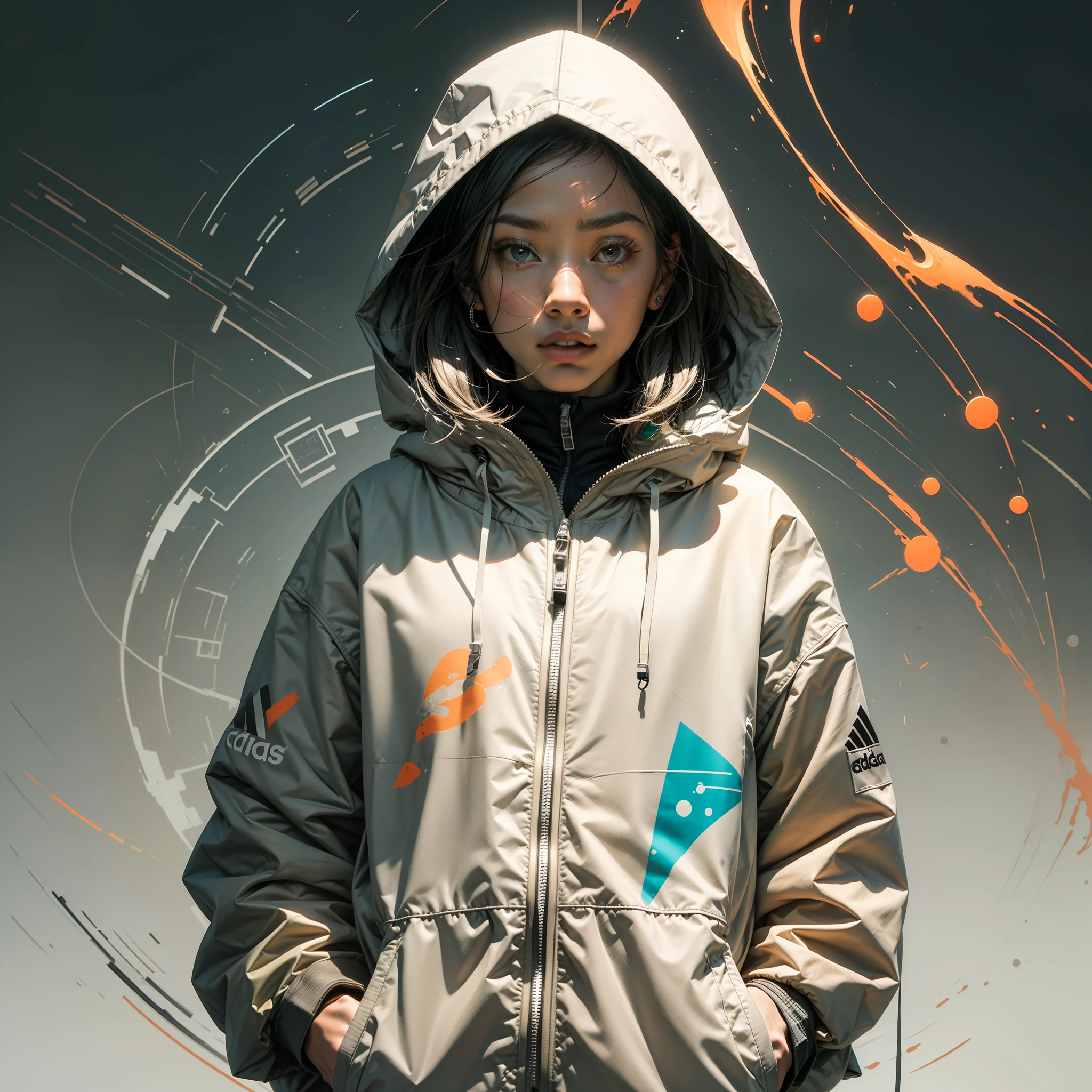 clean,minimalist,1rapper with white techwear Adidas puffer jacket with hood,dread hair,graffitti background and abstract circles and lines