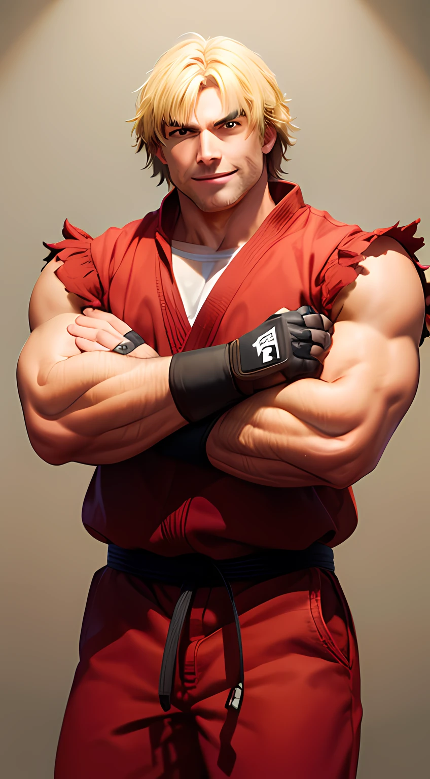 (masterpiece, best quality:1.2), cowboy shot, solo, male focus, 1boy, ken masters, muscular male, smile, crossed arms, red dougi, pants, fingerless gloves