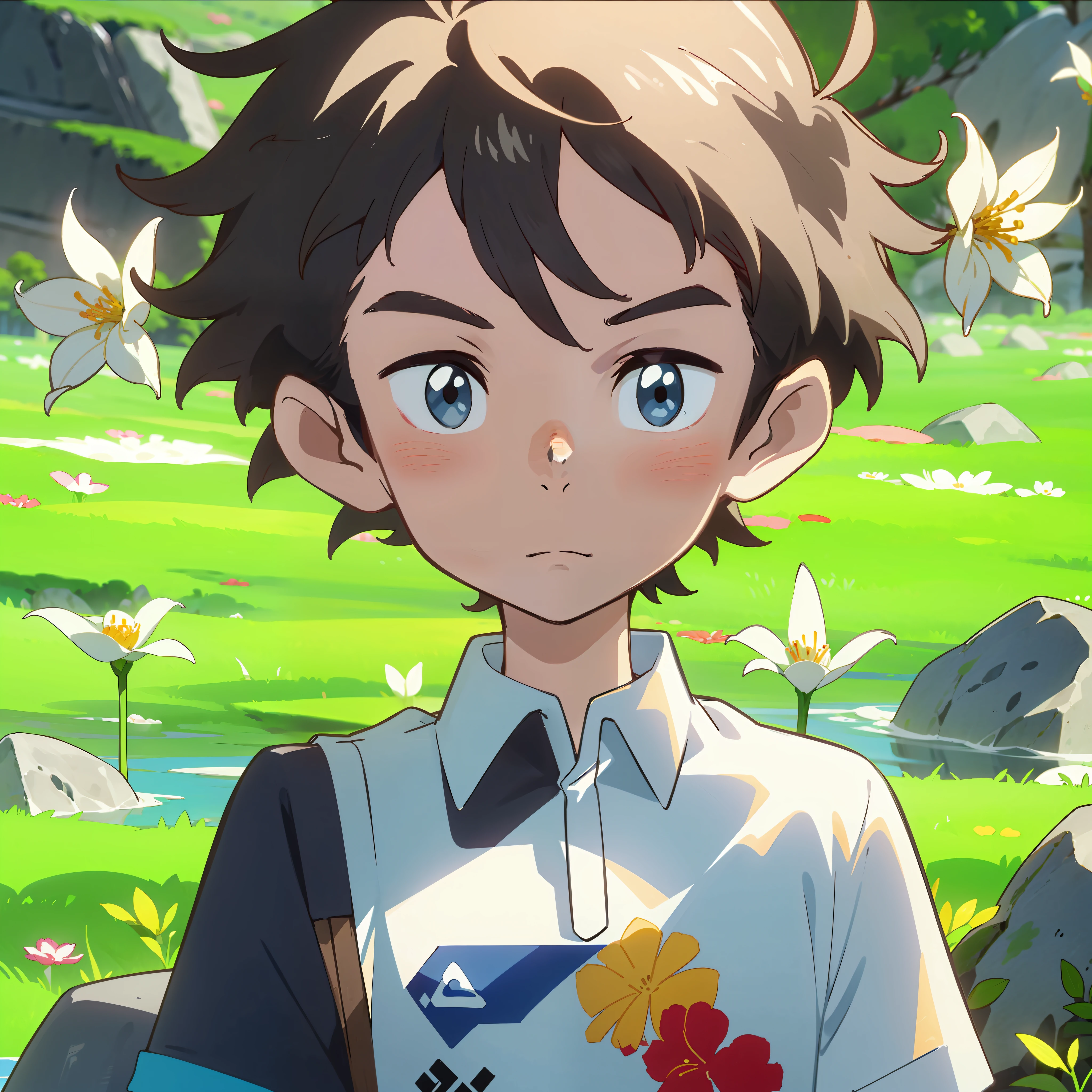 stechu, (white background: 1.4), (tachi-e)), original, (illustration: 1.1), (best quality), (masterpiece: 1.1), (very detailed CG unity 8k wallpaper: 1.1), (color: 0.9), (panoramic shot: 1.4), (single: 1.2), (splashed ink), (splashed color), ((watercolor)), clear and sharp focus, { 1girl standing }, ((korean style)) , flower background, outdoors, rocks, looking at the viewer, making happy expressions, soft smiles, pure, beautiful delicate face and eyes, delicate clothing pattern details, black hair, black eyes, colorwater