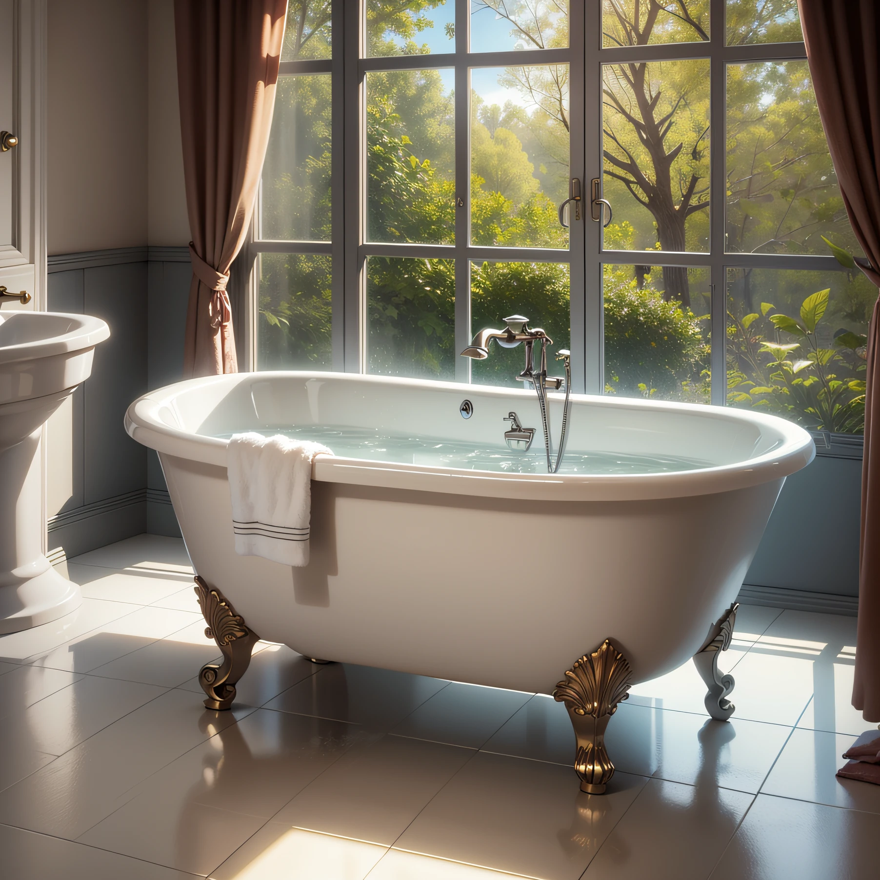 there is a bathtub with pumpkins and candles in the bathroom, halloween atmosphere, spooky and scary atmosphere, halloween theme, halloween scene, haunted house themed, Halloween, halloween decorations, spooky halloween theme, vintage look, vivid and detailed, haunting and spooky, halloween art style, interior of a bathroom, shutterstock, photo still, detailed surroundings,Bathtub,pumpkin
