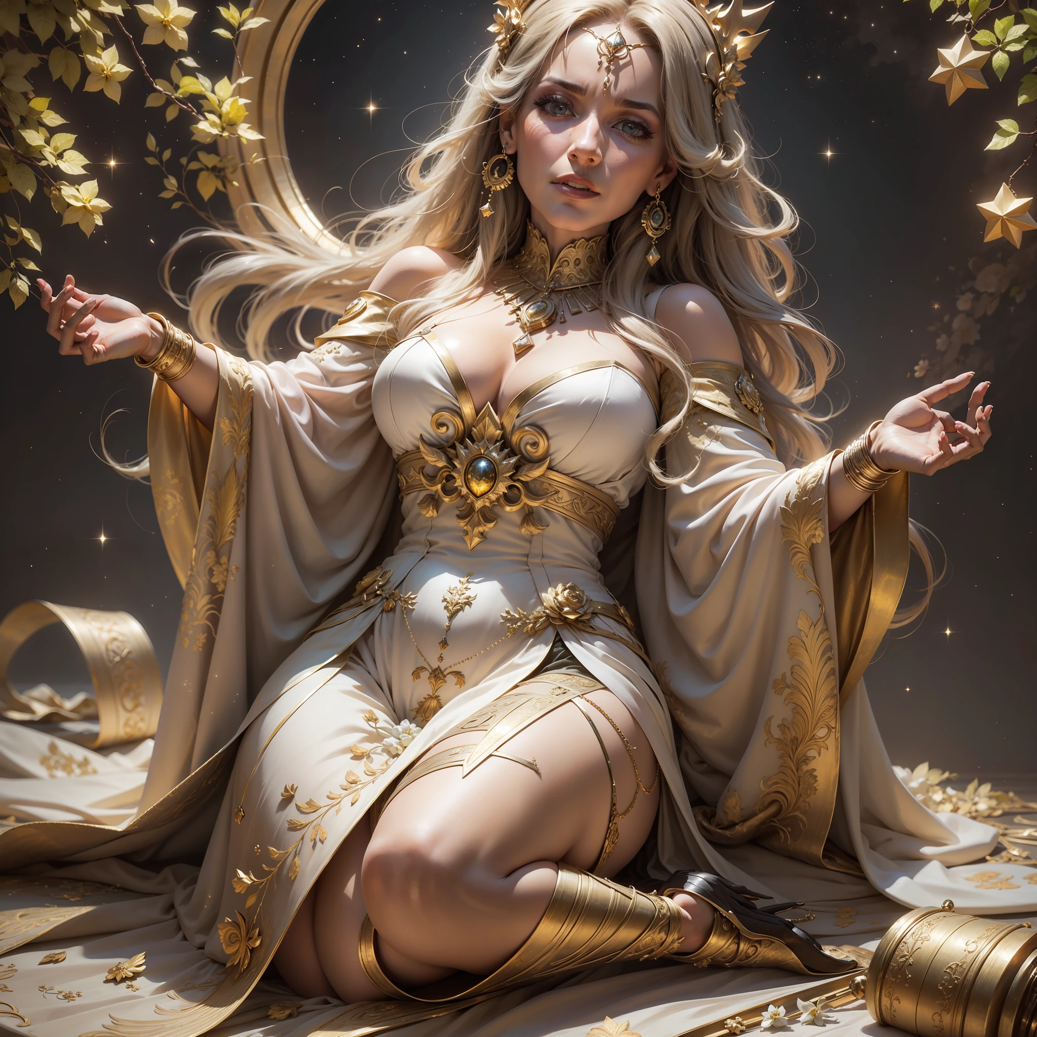 Deusa Hera, cabelo branco, idade 65 anos, sardas, cabelo liso, detalhado, roupa branca, roupa chiton, vestes longas, large cylindrical crown, detalhes em dourado, Pomegranate fruit, Poses gloriosas, noite, lua, estrelas, fundo olimpo, ultra-realista