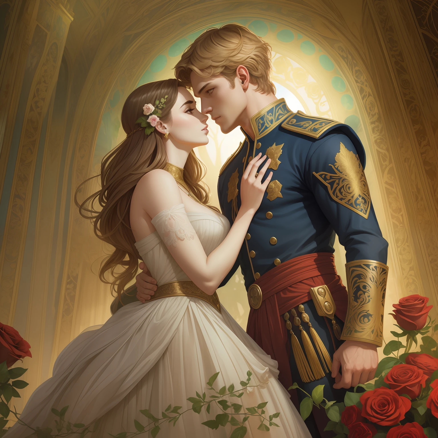 Couple kisses a home and a woman with great affection, the man Neels Visser is a prince who has golden blond hair, wears a medieval military outfit and is in love with the commoner the woman Lily Collins, who has black curly dark hair and wears a dress red, illustration of a romance book cover with a detailed, smooth, bright background filled with ivy-covered flowers and red roses, castle, ornate dress standing on a bed of roses, rim light, dynamic lighting, ethereal lighting, ultra detail, concept art, elegant, surreal, art by Lisa Aisato, Greg Hildebrandt, Citemer Liu, Stjepan Sejic, Samyang, Aykut Aydogdu, Justin Gerard, Alphonse Mucha, Artgerm, WLOP and Greg Rutkowski