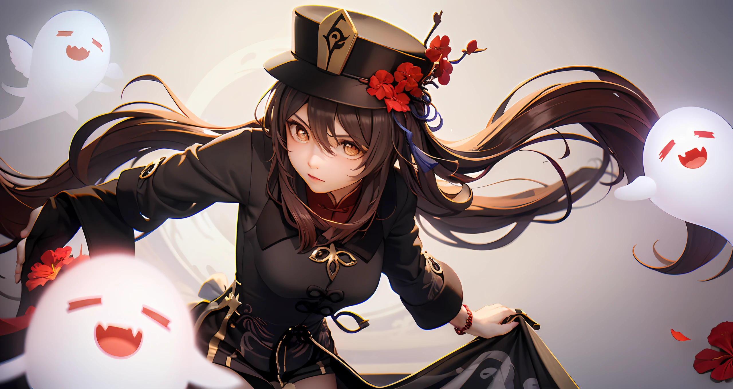 flower, red_flower, solo, hat, long_hair,hu hu tao \(genshin impact\),mature female, looking_at_viewer, upper_body, chinese_clothes, 1girl, hat_flower, brown_hair, closed_mouth, hibiscus, red_rose, spider_lily, bangs,kbxll
