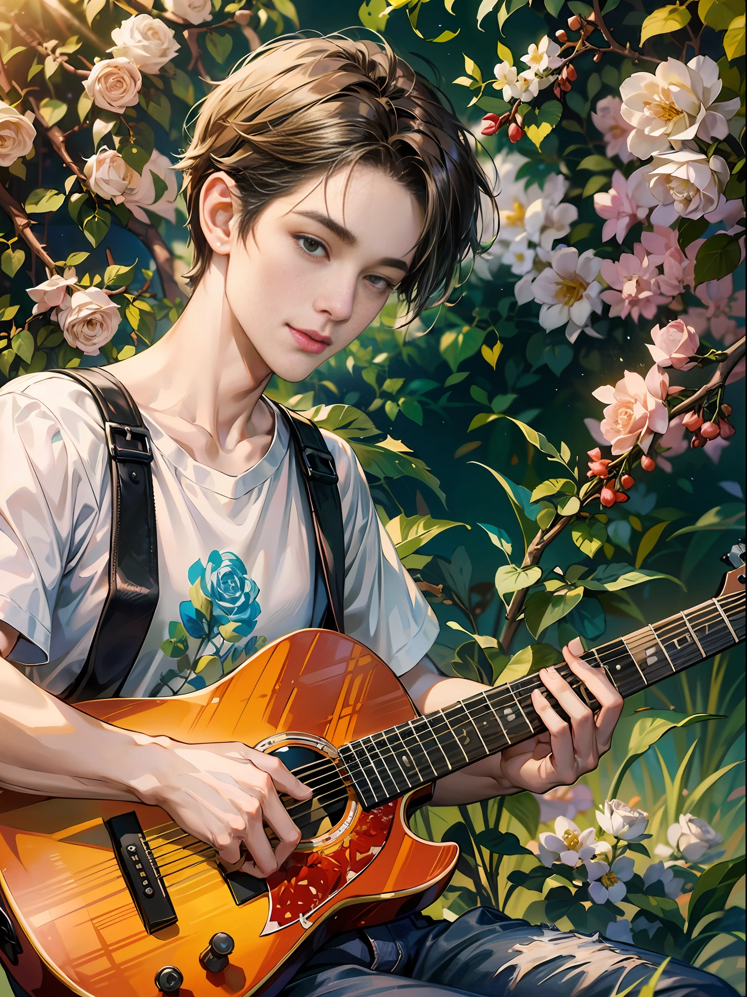 (absurds, Highresolution, hyper detailed, HDR), MASTERPIECE,,best quarity, ,1男, handsome,, short bob hair, play the guitar,,finely eye and detailed face, (white T-shirts,), dimple,Light Smile,(Rose garden background, spring time, Glowing sunlight)