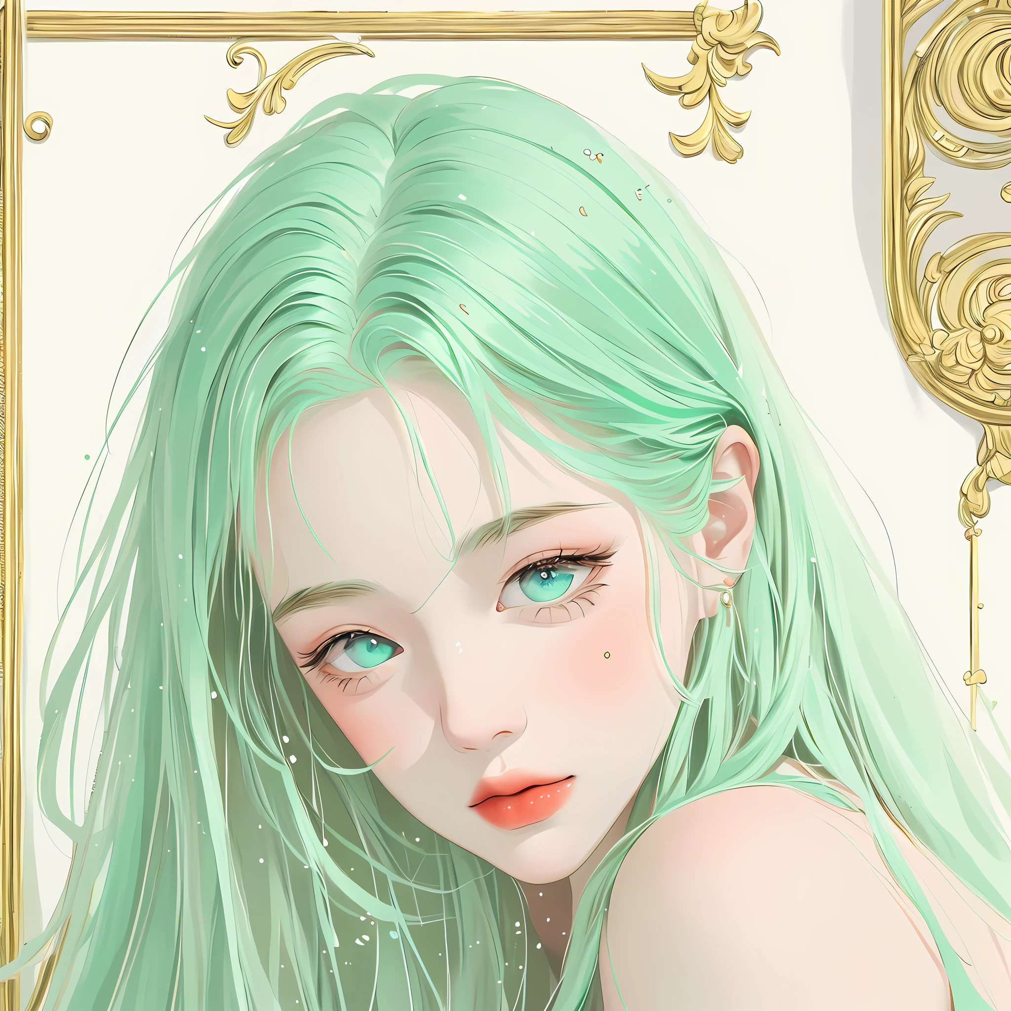 Masterpiece, best quality, an extremely delicate beautiful girl, super detailed, highly detailed, best quality, a girl with mint hair, beautiful mint eyes, high resolution, very detailed, 1girl, best quality, looking at the viewer, impasto, realism, real, white background
