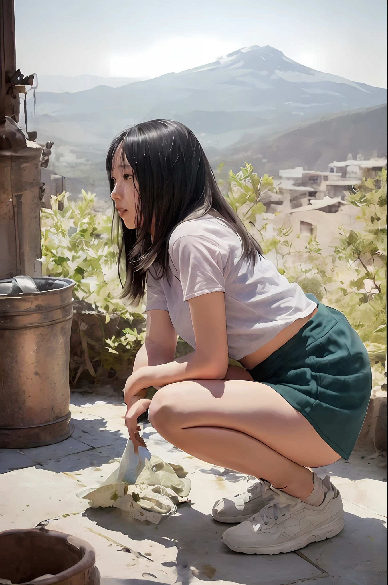 A very beautiful young woman is peeing on the toilet, 1girl, underwear pants, solo, hakama、,(Beautiful skyline,Magnificent volcano),(Intense and dramatic imagery,Stunning visuals),(The hanging North Star,Colorful natural light), tent, out door,, Open Clothes, sneakers,, tag