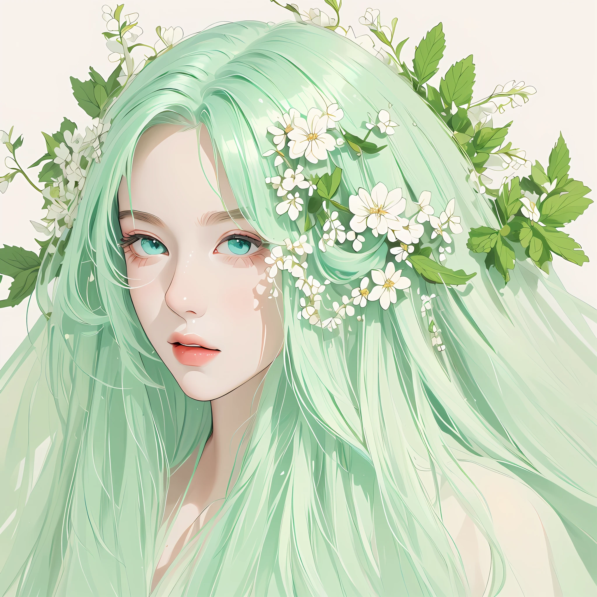 Masterpiece, best quality, an extremely delicate beautiful girl, super detailed, highly detailed, best quality, a girl with mint hair, beautiful mint eyes, high resolution, very detailed, 1girl, best quality, looking at the viewer, impasto, realism, real, white background