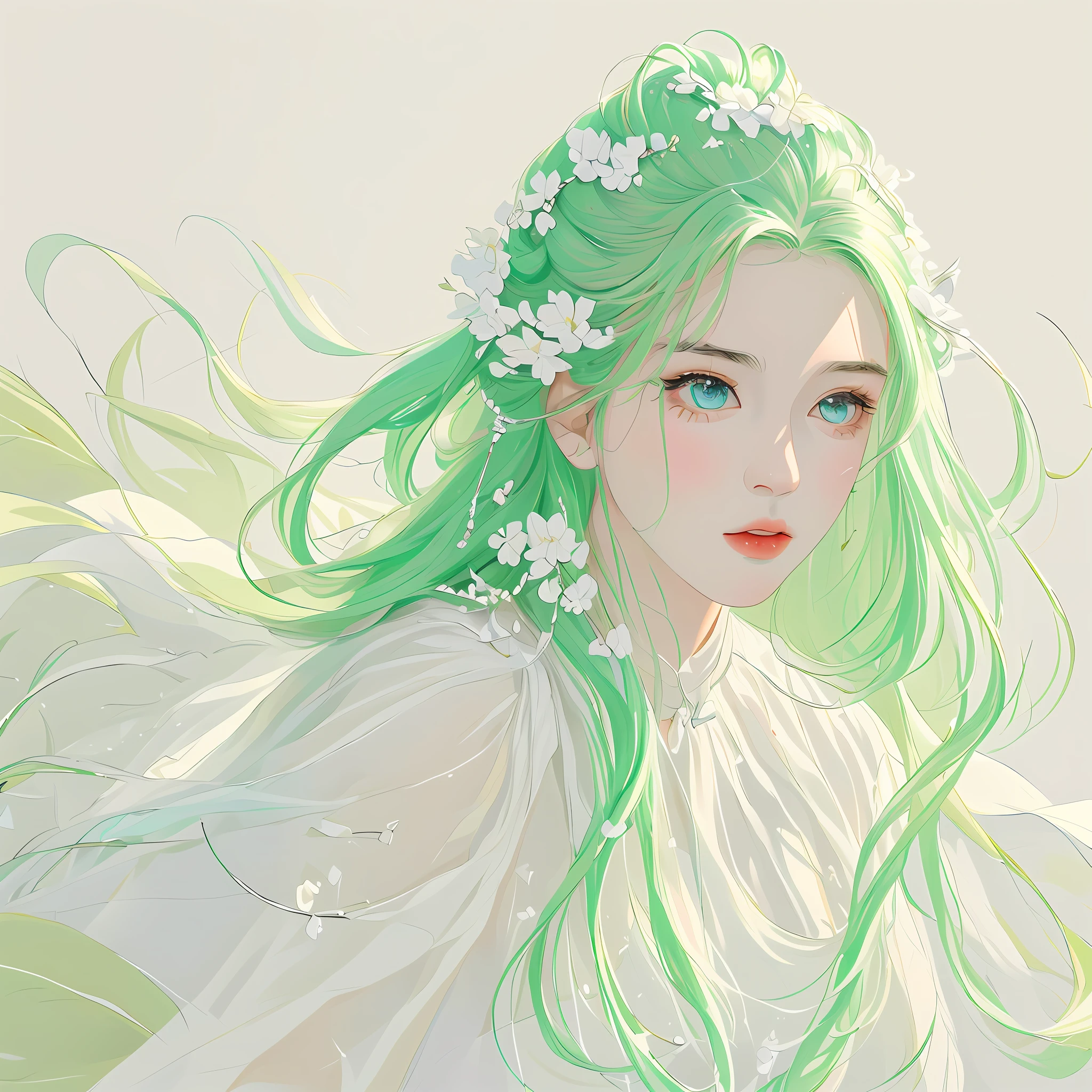 Masterpiece, best quality, an extremely delicate beautiful girl, super detailed, highly detailed, best quality, a girl with mint hair, beautiful mint eyes, high resolution, very detailed, 1girl, best quality, looking at the viewer, impasto, realism, real, white background