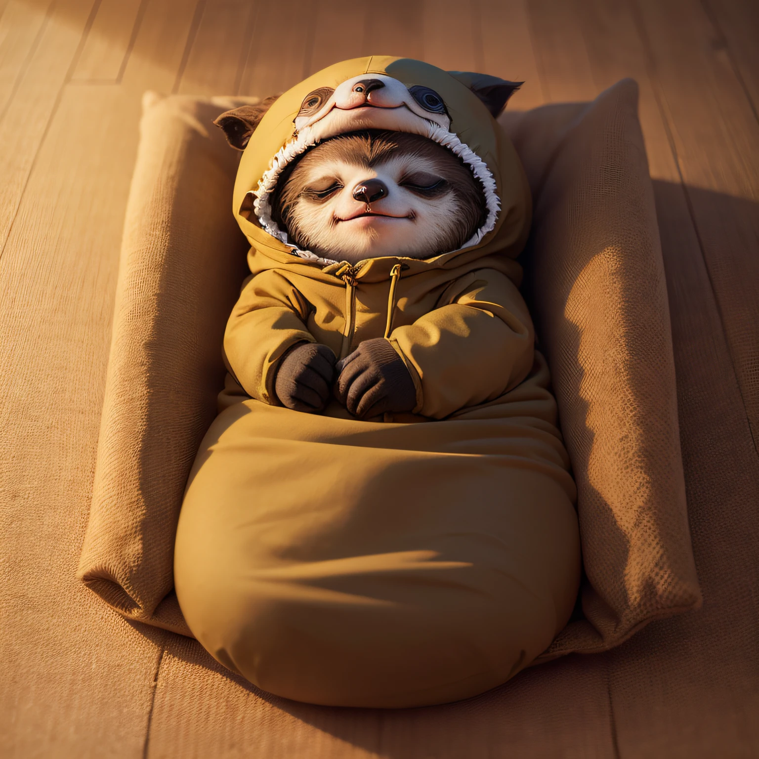 desenho 2d para logotipo, Baby sloth wrapped in bulky sleeping bag, dormindo aconchegada, em tons marrons, not realistic --auto