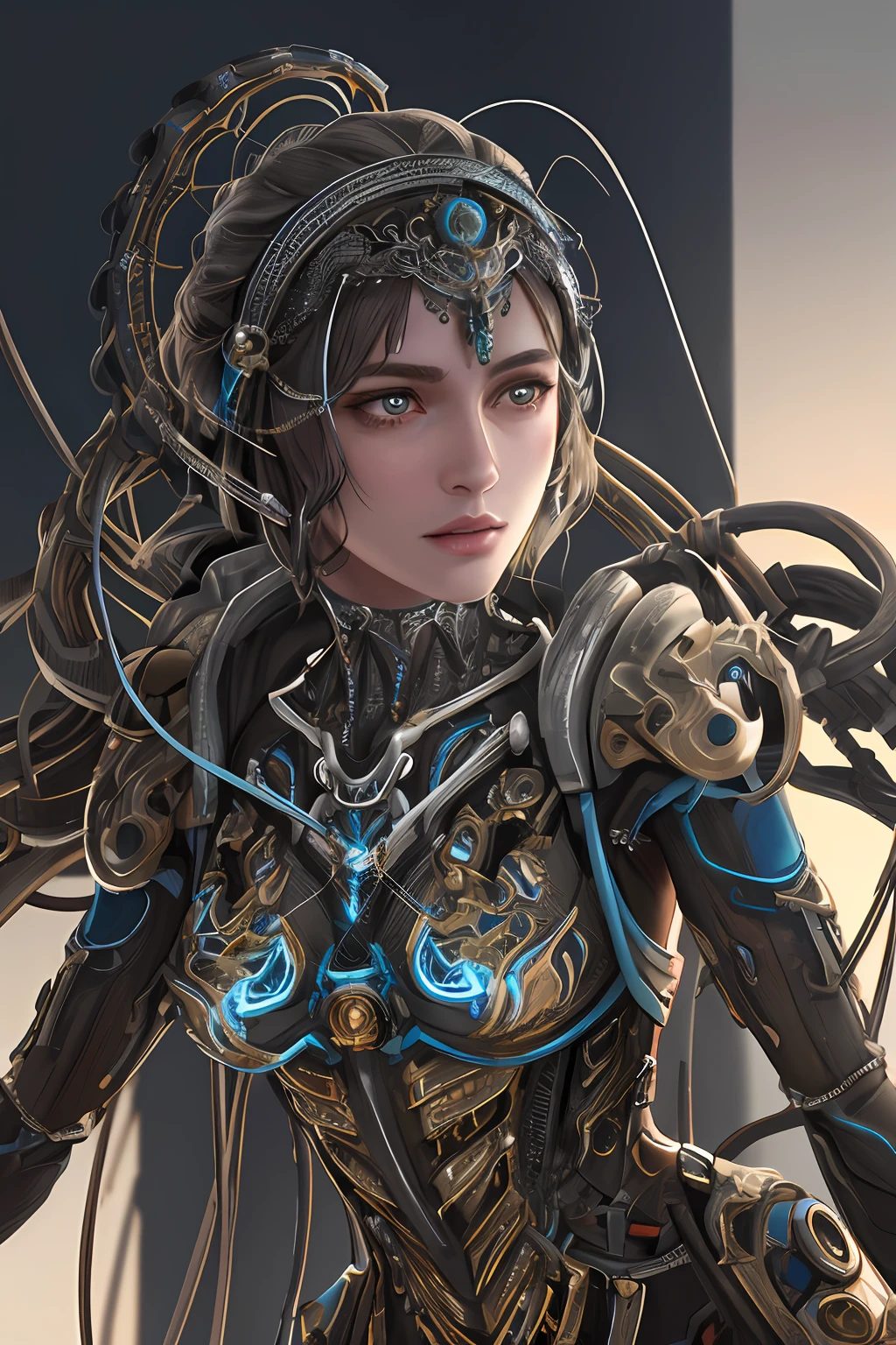 1机械女孩，（（ultrarealisticdetails）），Portraits，global lighting，drop shadow，octane rend，8k，Super sharp，Metal，sophisticated，Decorations detailed，cold colors，egypician detail，high intricate detailed，realistic light，CGsociety trends，glow eye，Face the camera，neon details，Mechanical limbs，