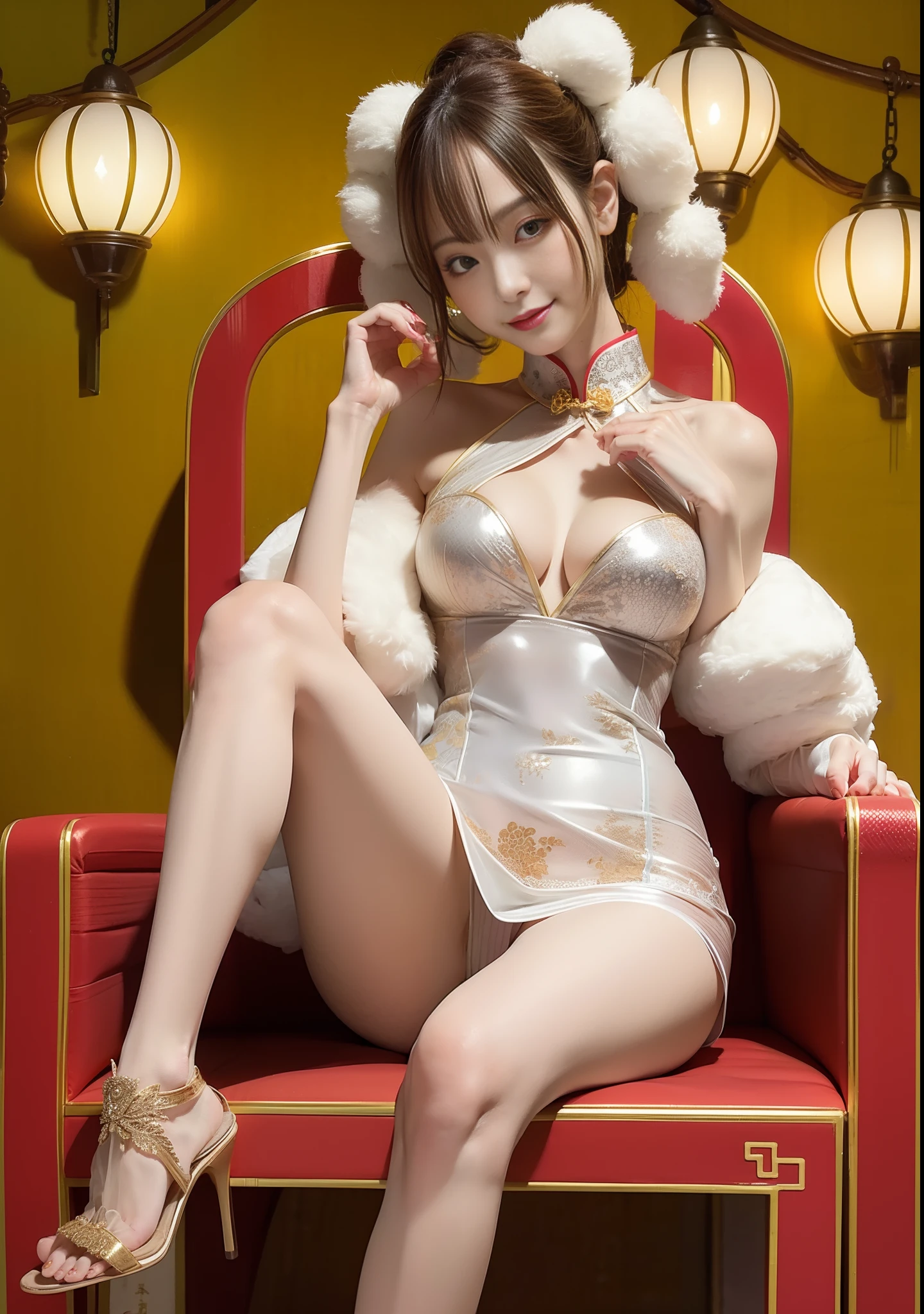 A sexy and seductive lady，High-forked cheongsam，Gorgeous cheongsam，stiletto heels，naked leg，Teasing expressions，sit on throne，streaked hair，Brunette，moles under the eyes，Half-closed eyes，MAKEUP，anime styled，Chinese court，Chinese feeling，lanterns，Chinese knot，Ultra high definition，Masterpiece、，8k，best quarity，ccurate，Anatomically correct，highly detailed characters，Stiletto heels，naked leg，Rounded and smooth bare legs，(8k, Raw photo, best quarity, Masterpiece、，:1.2), european feel,Medieval,（（Character Concept Art）），full body concept，Still life, Fine detail, center of screen, still life only,