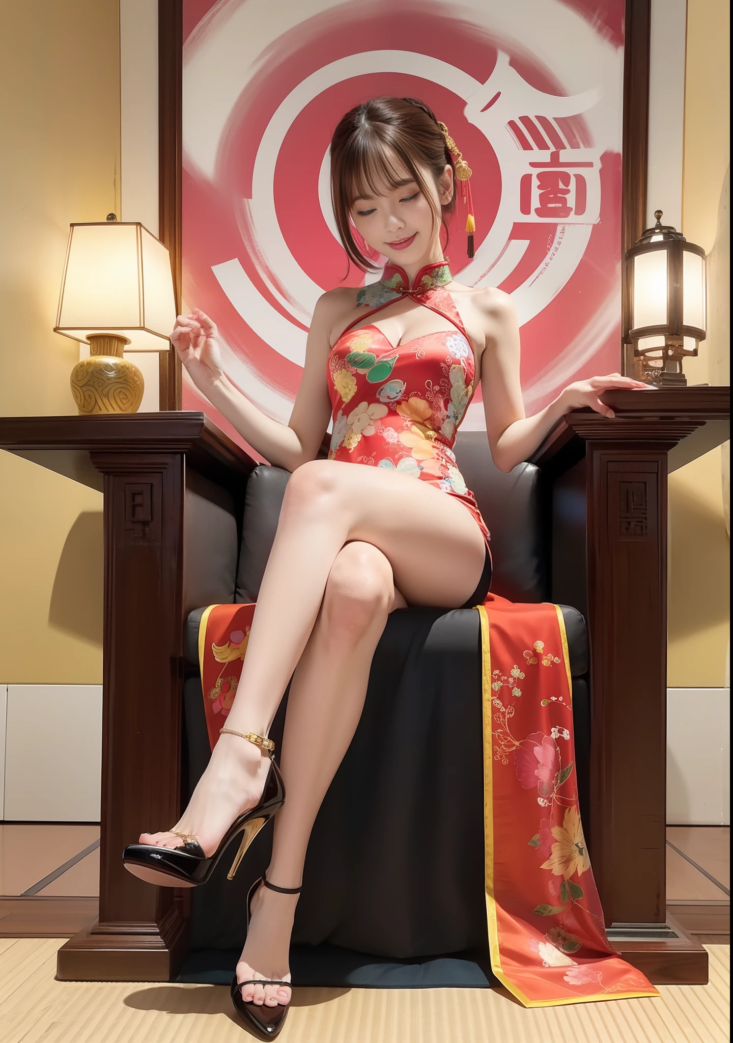 A sexy and seductive lady,High-forked cheongsam,Gorgeous cheongsam,stiletto heels,naked leg,Teasing expressions,sit on throne,streaked hair,Brunette,moles under the eyes,Half-closed eyes,MAKEUP,anime styled,Chinese court,Chinese feeling,lanterns,Chinese knot,Ultra high definition,Masterpiece、,8k,best quarity,ccurate,Anatomically correct,highly detailed characters,Stiletto heels,naked leg,Rounded and smooth bare legs,(8k, Raw photo, best quarity, Masterpiece、,:1.2), european feel,Medieval,((Character Concept Art)),full body concept,Still life, Fine detail, center of screen, still life only,