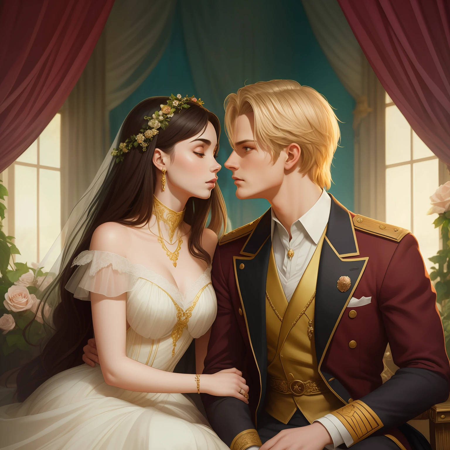 Couple kisses a home and a woman with great affection, the man Neels Visser is a prince who has golden blond hair, wears a medieval military outfit and is in love with the commoner the woman Lily Collins, who has black curly dark hair and wears a dress red, illustration of a romance book cover with a detailed, smooth, bright background filled with ivy-covered flowers and red roses, castle, ornate dress standing on a bed of roses, rim light, dynamic lighting, ethereal lighting, ultra detail, concept art, elegant, surreal, art by Lisa Aisato, Greg Hildebrandt, Citemer Liu, Stjepan Sejic, Samyang, Aykut Aydogdu, Justin Gerard, Alphonse Mucha, Artgerm, WLOP and Greg Rutkowski