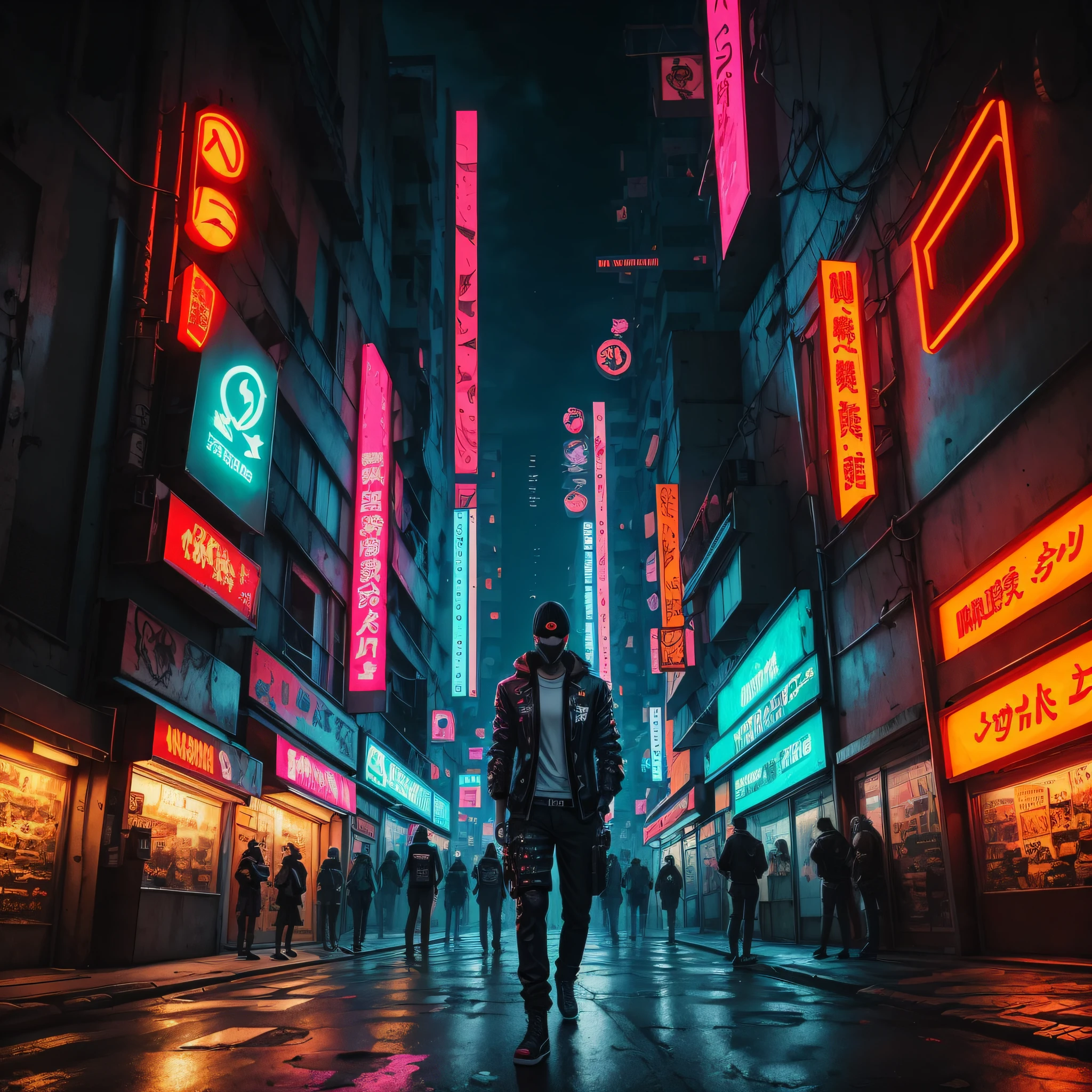 anime character standing in a city street with neon signs, arte digital do Anime Cyberpunk, cyberpunk digital - arte de anime, Anime cyberpunk moderno, Cyberpunk Streetwear, arte de Anime Cyberpunk, arte cyberpunk anime, estilo de arte cyberpunk, usando streetwear cyberpunk, em cyberpunk city, em estilo cyberpunk, vibe cyberpunk, Rua Cyberpunk, cyberpunk vibes, em uma cidade cyberpunk, cyberpunk themed art, Anime Cyberpunk --auto